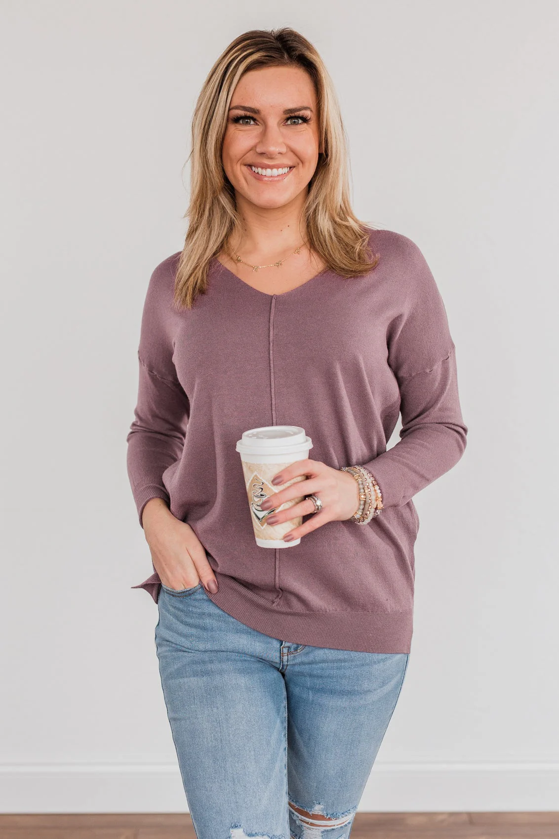 Angel On Earth V-Neck Sweater- Dark Lavender - Image 3