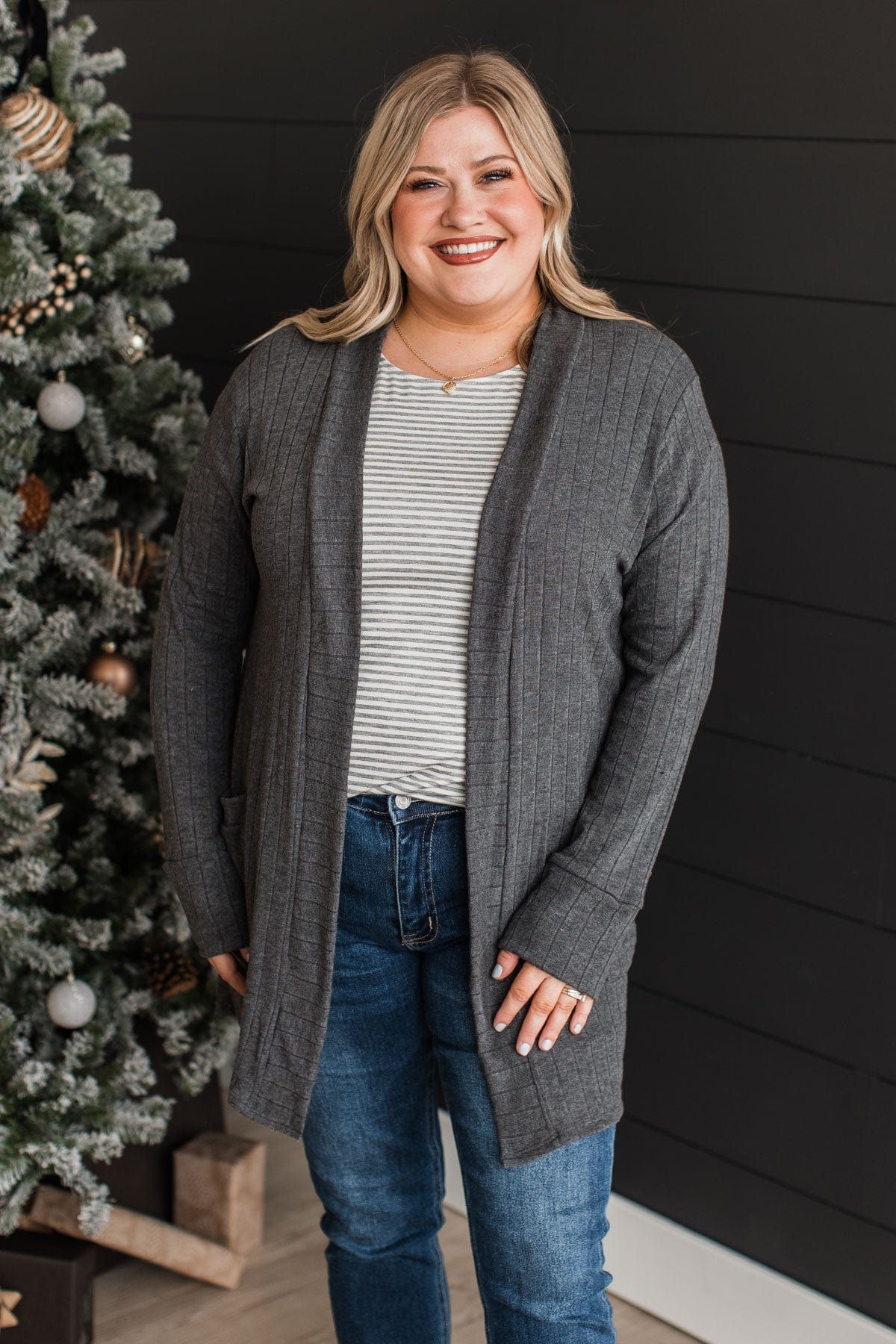 Anything For Love Knit Cardigan- Charcoal - Image 2