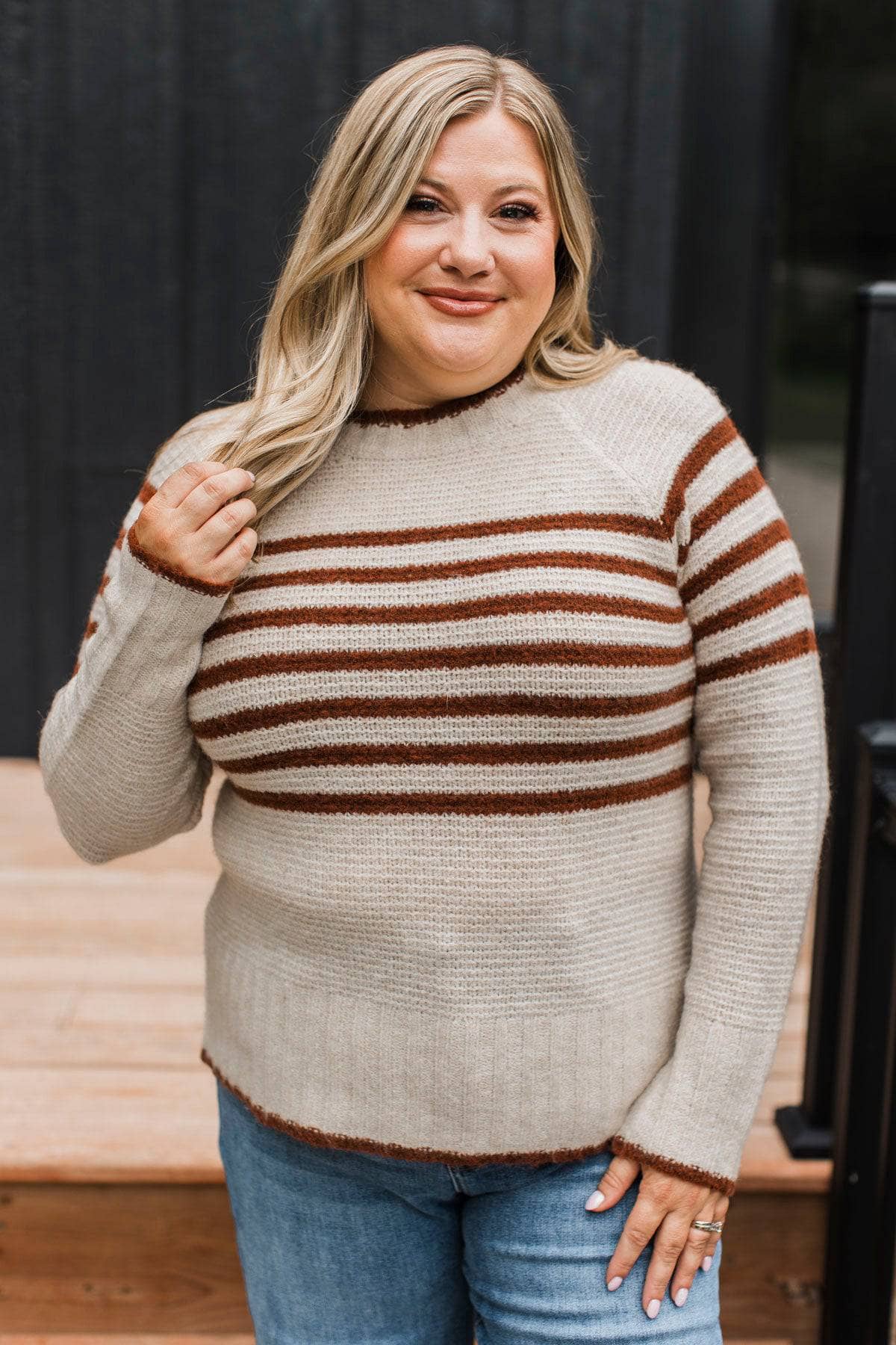 Anything Goes Striped Knit Sweater- Beige & Copper - Image 2