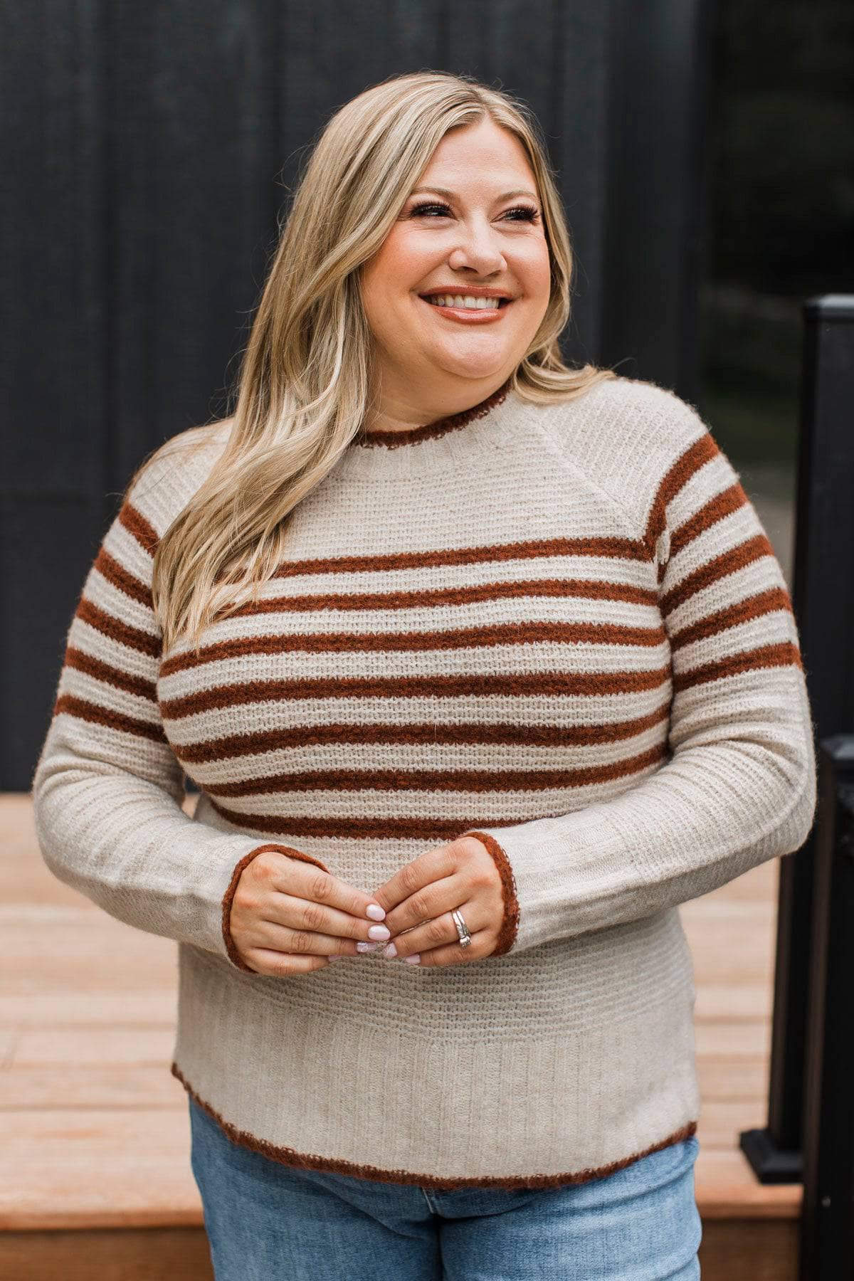 Anything Goes Striped Knit Sweater- Beige & Copper - Image 4