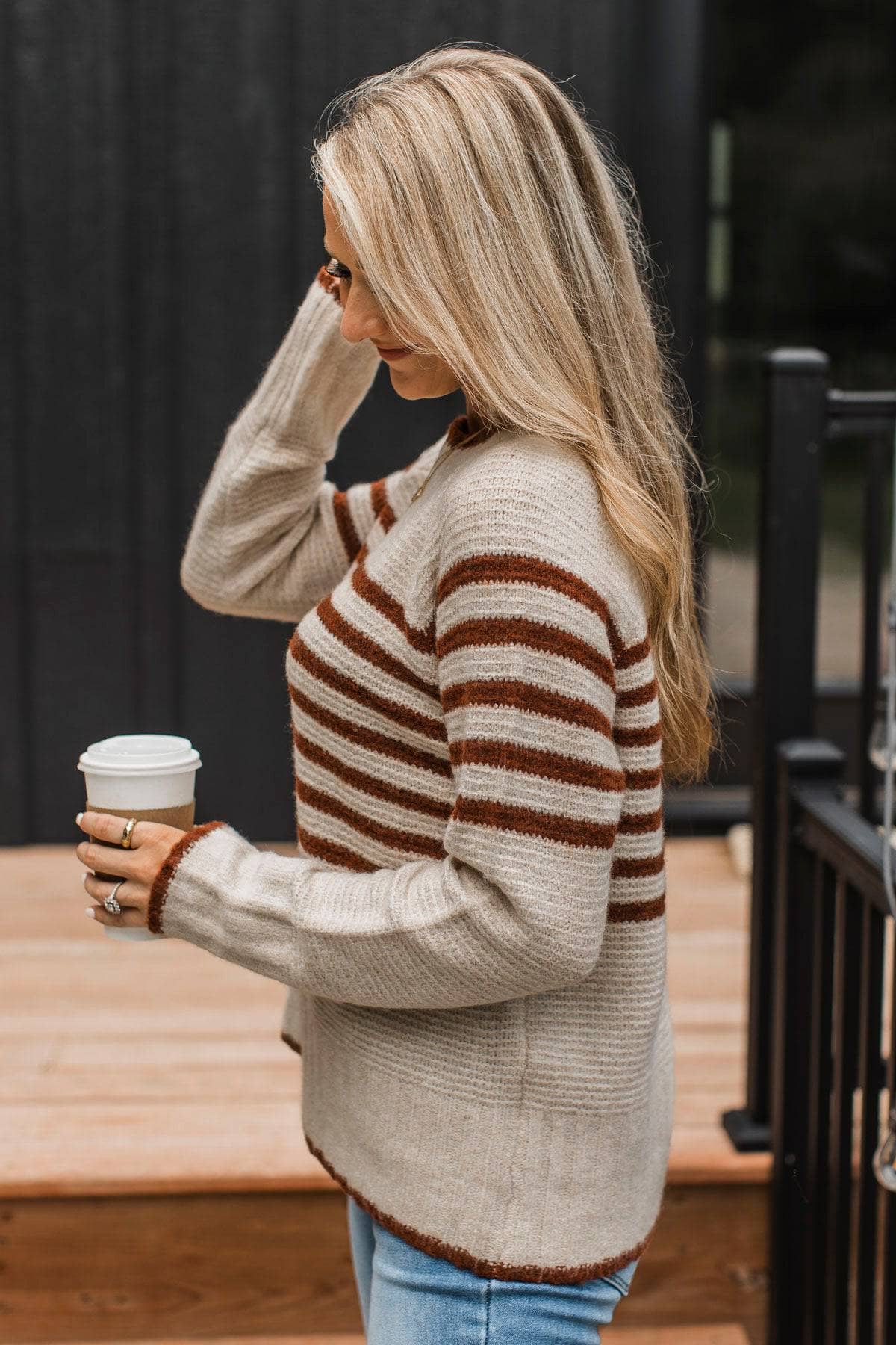 Anything Goes Striped Knit Sweater- Beige & Copper - Image 7