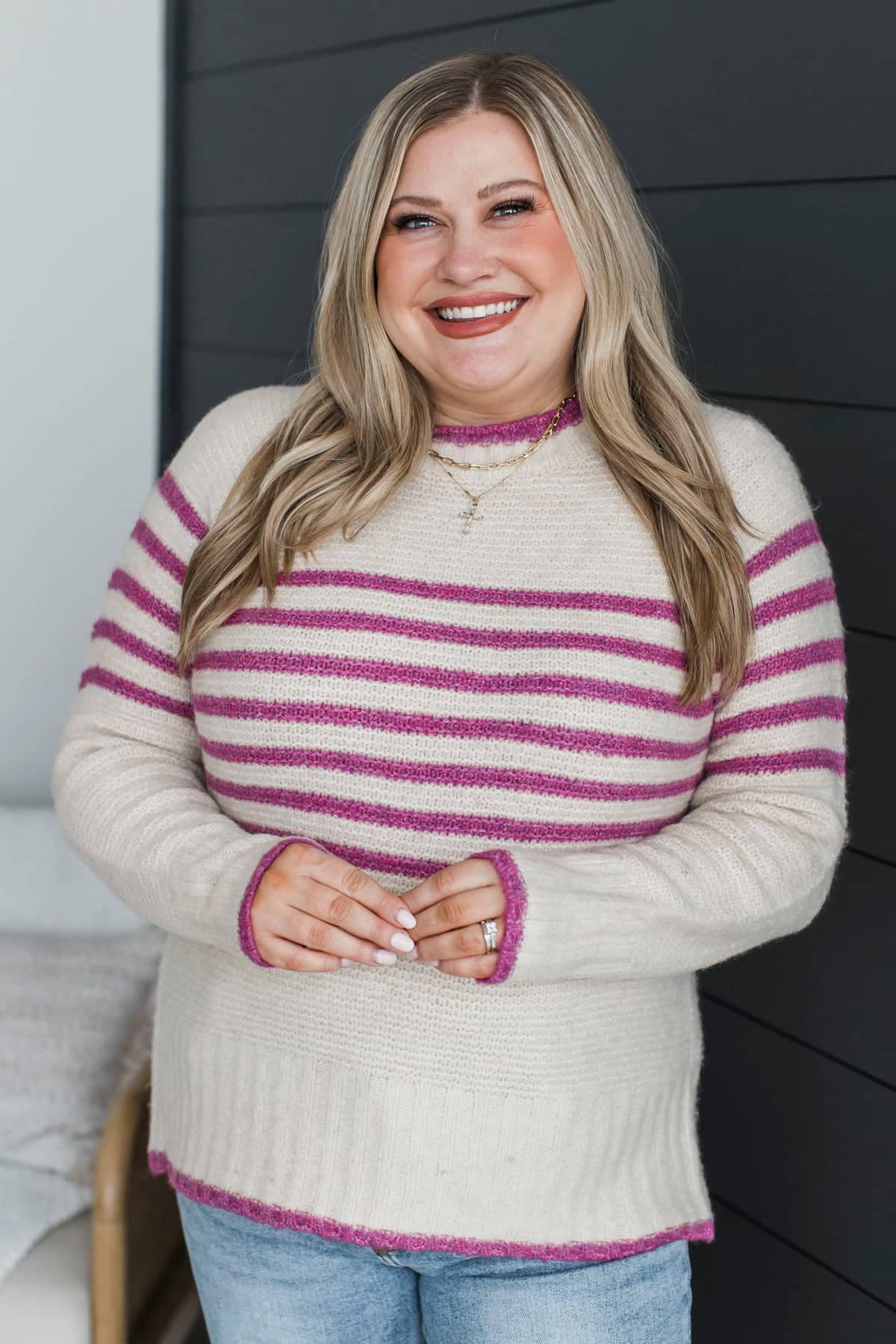Anything Goes Striped Knit Sweater- Beige & Magenta - Image 4