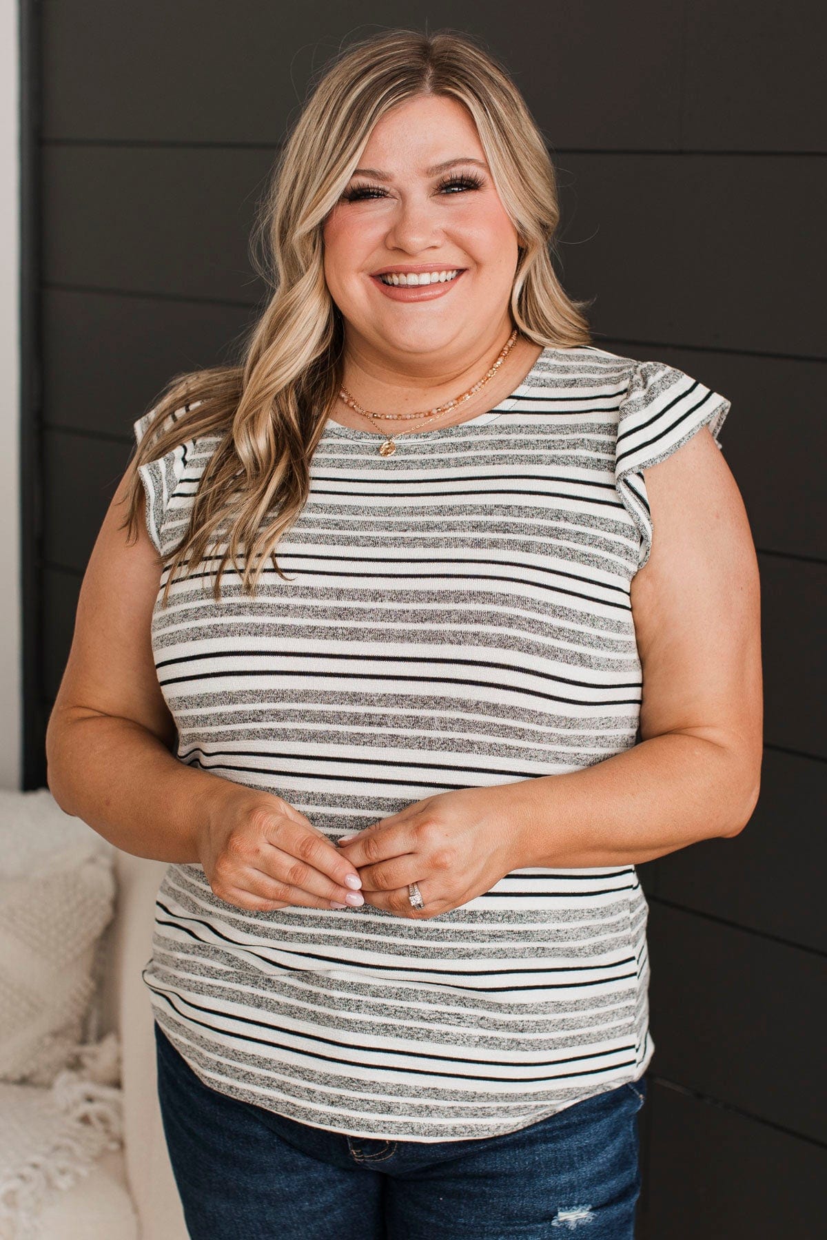 Appeals To Me Striped Knit Top- Ivory & Charcoal - Image 4