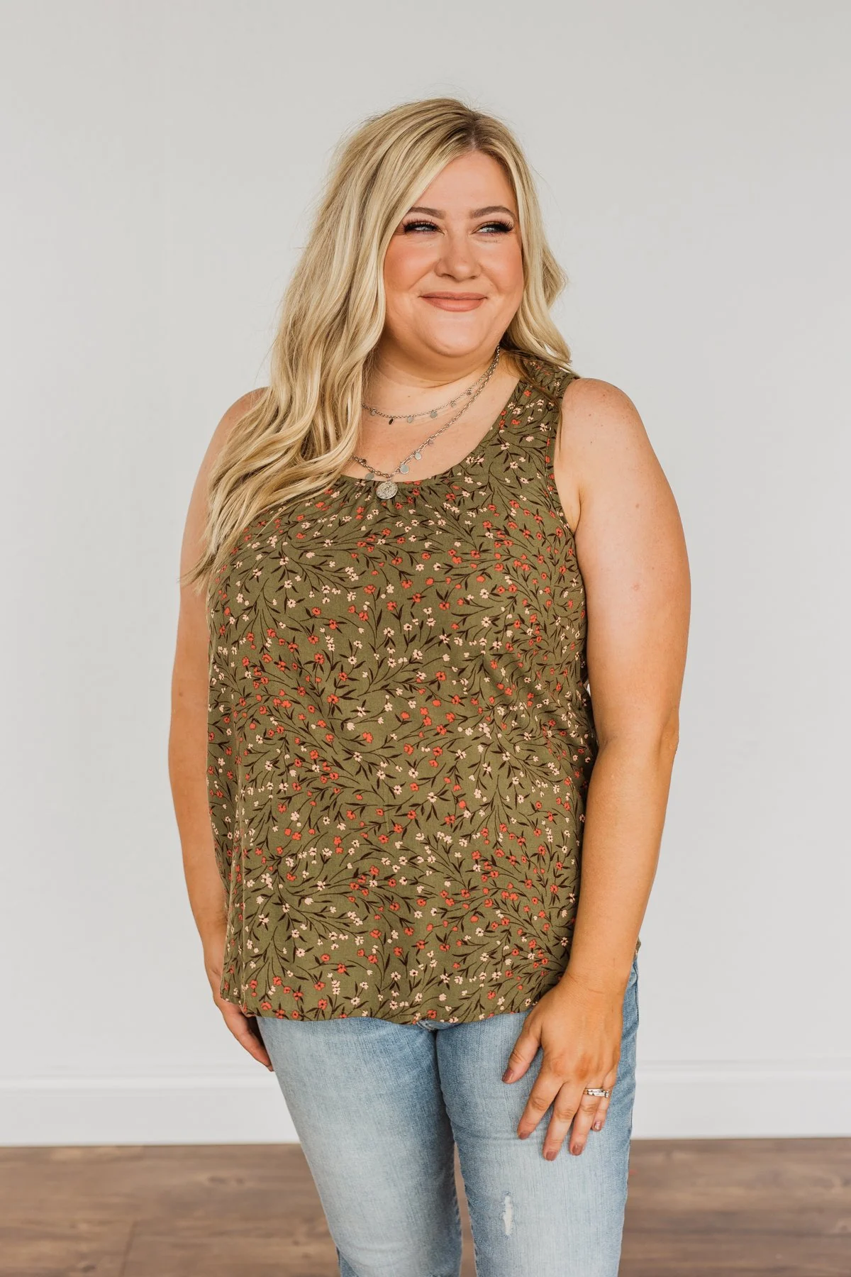 Apple Pie & Autumn Skies Floral Tank Top- Dark Olive - Image 10
