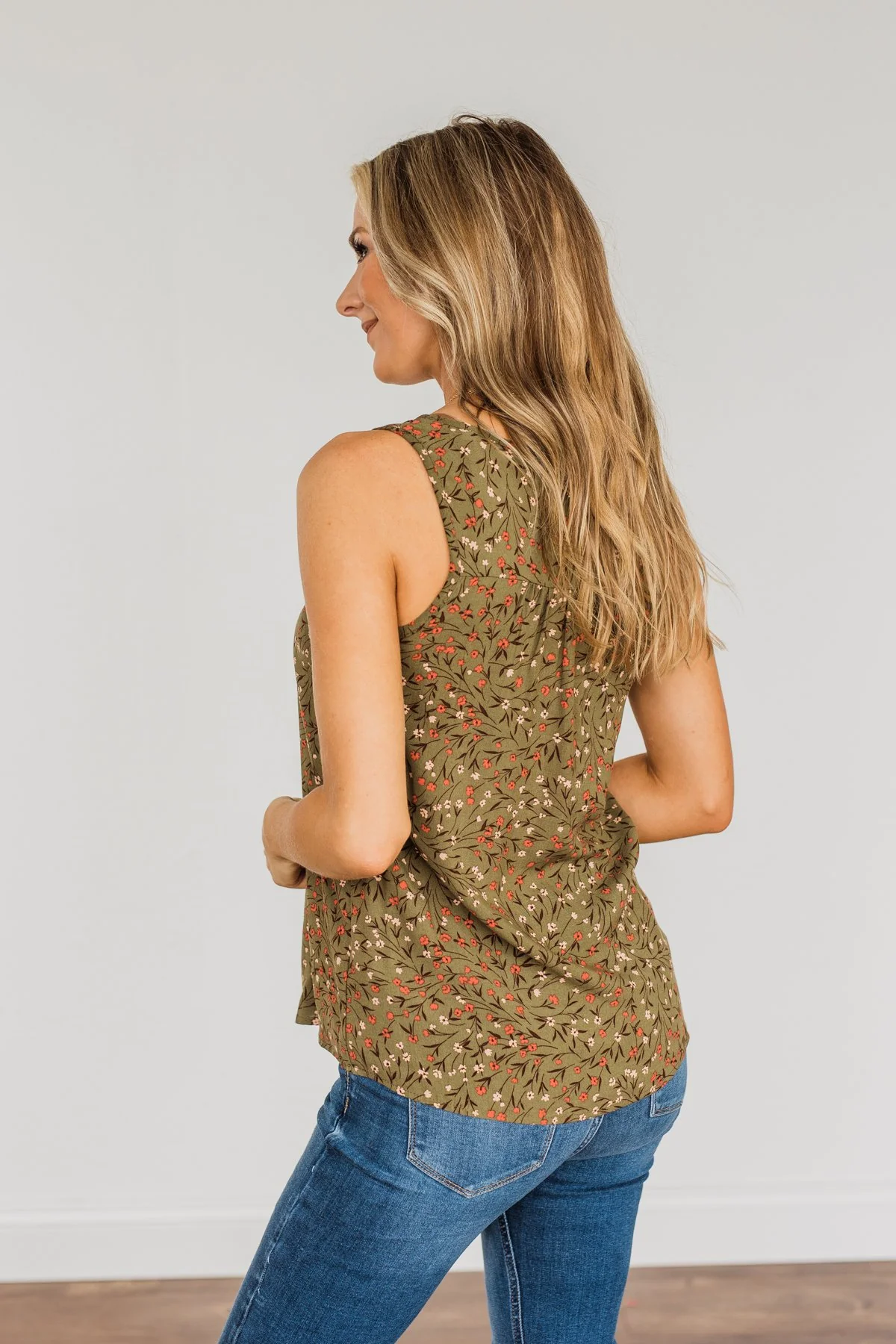 Apple Pie & Autumn Skies Floral Tank Top- Dark Olive - Image 11