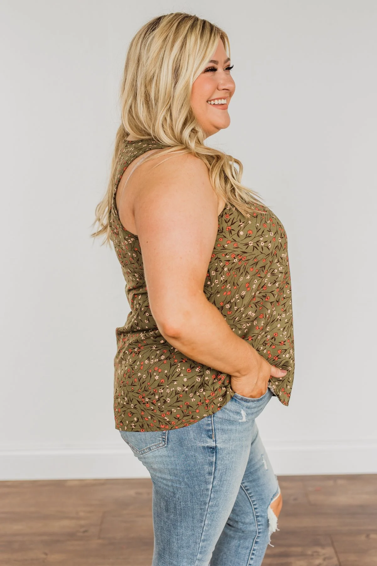 Apple Pie & Autumn Skies Floral Tank Top- Dark Olive - Image 12