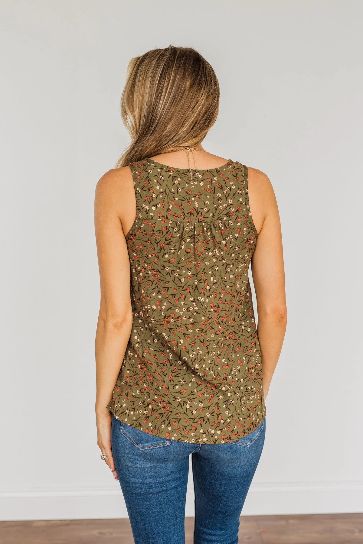Apple Pie & Autumn Skies Floral Tank Top- Dark Olive - Image 13