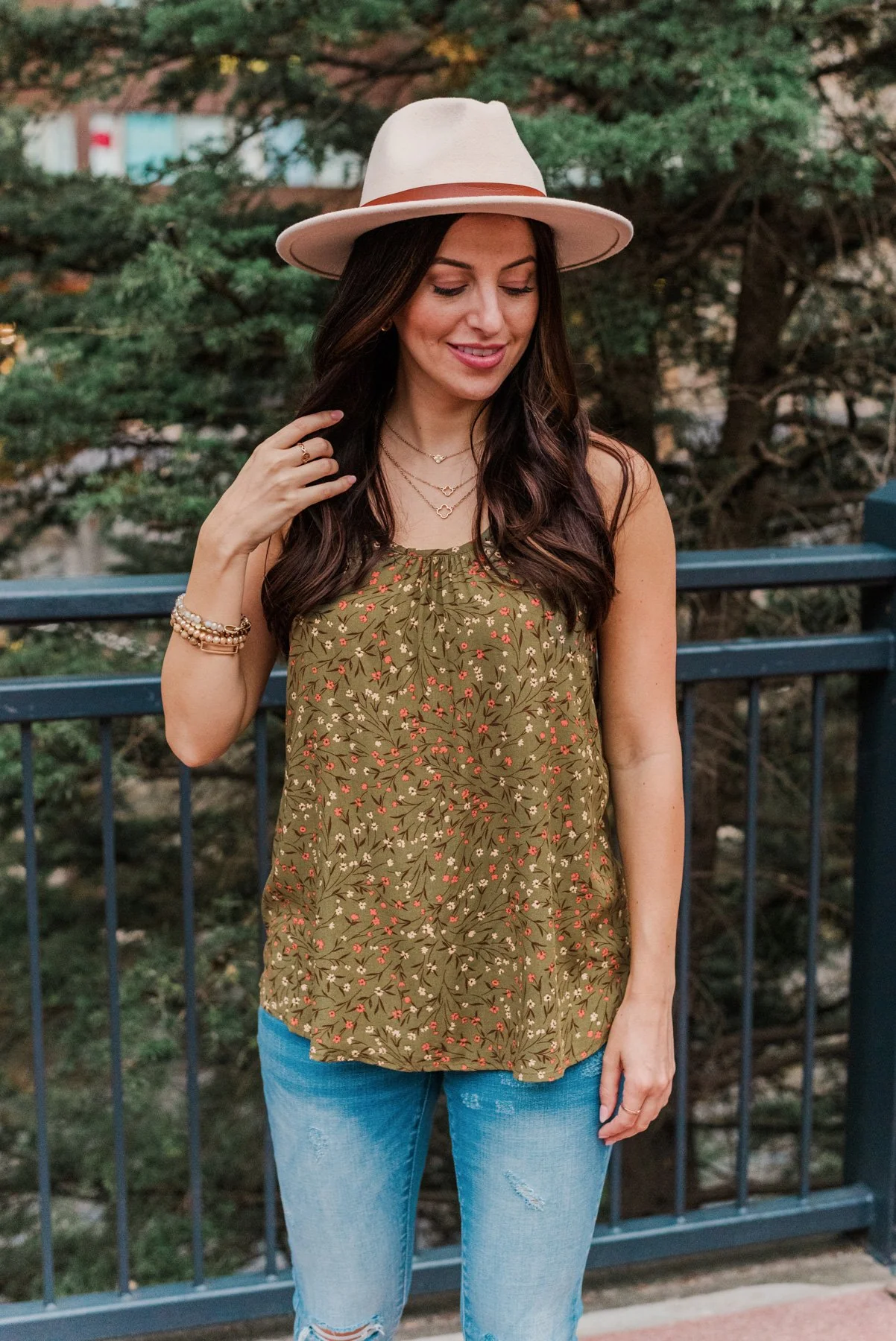 Apple Pie & Autumn Skies Floral Tank Top- Dark Olive - Image 2
