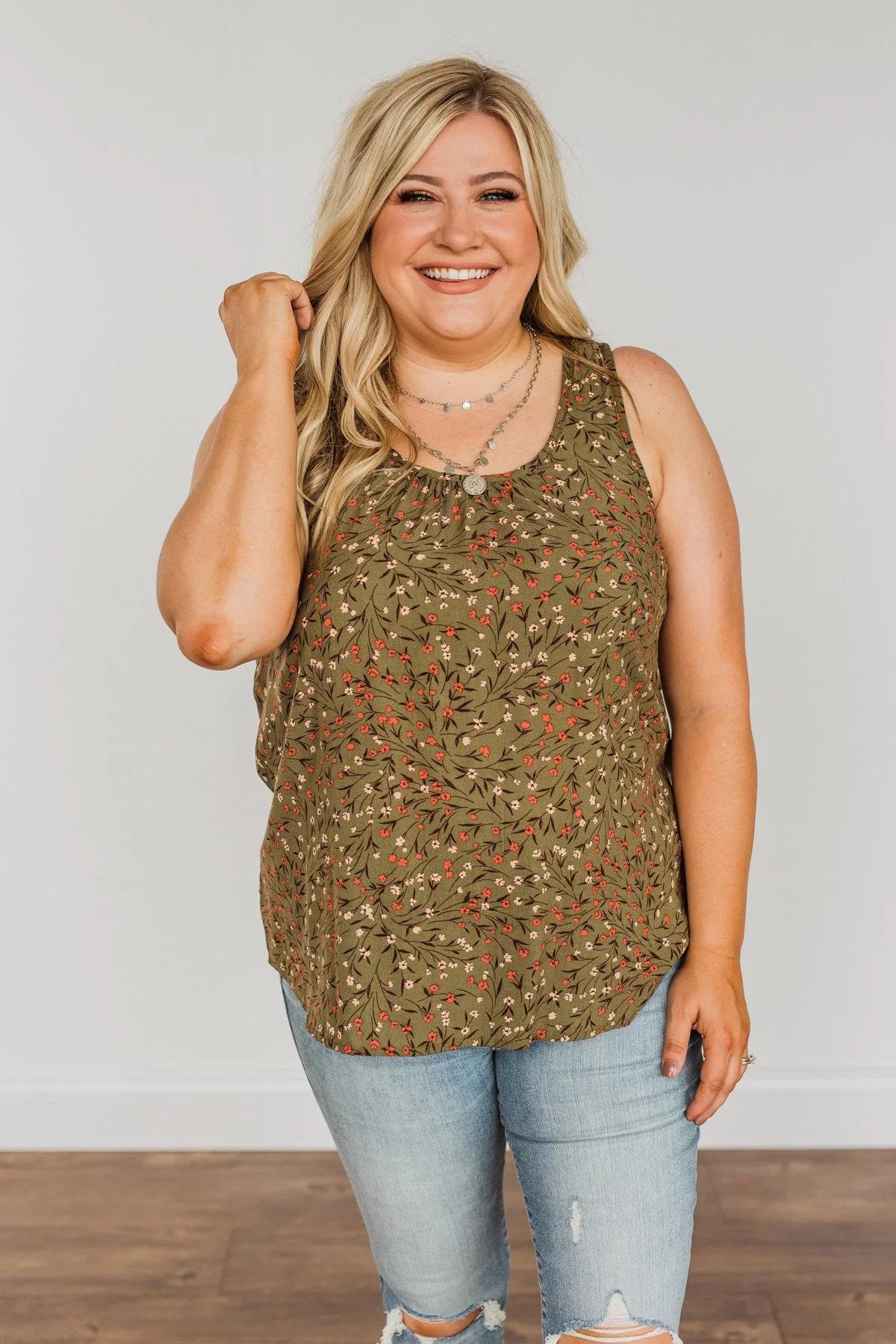 Apple Pie & Autumn Skies Floral Tank Top- Dark Olive - Image 5