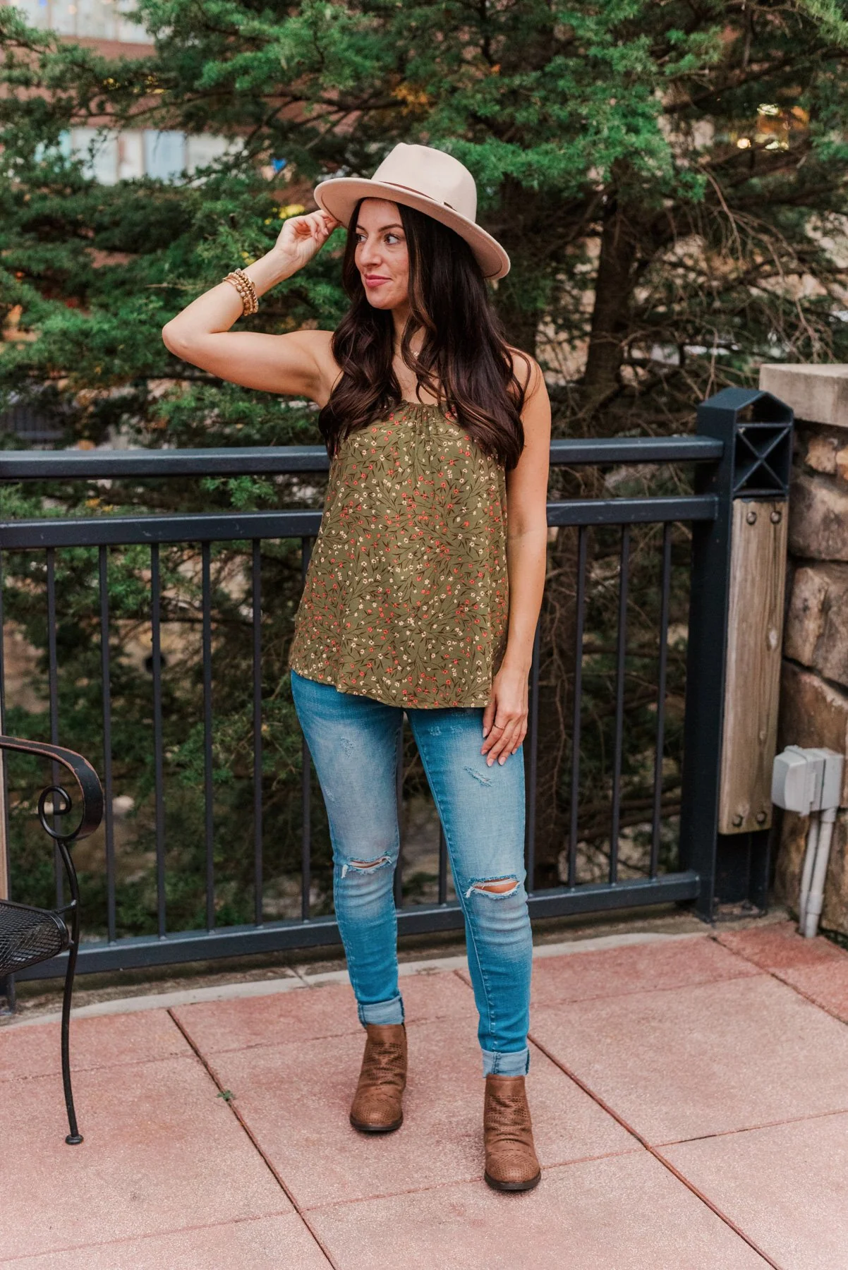 Apple Pie & Autumn Skies Floral Tank Top- Dark Olive - Image 6