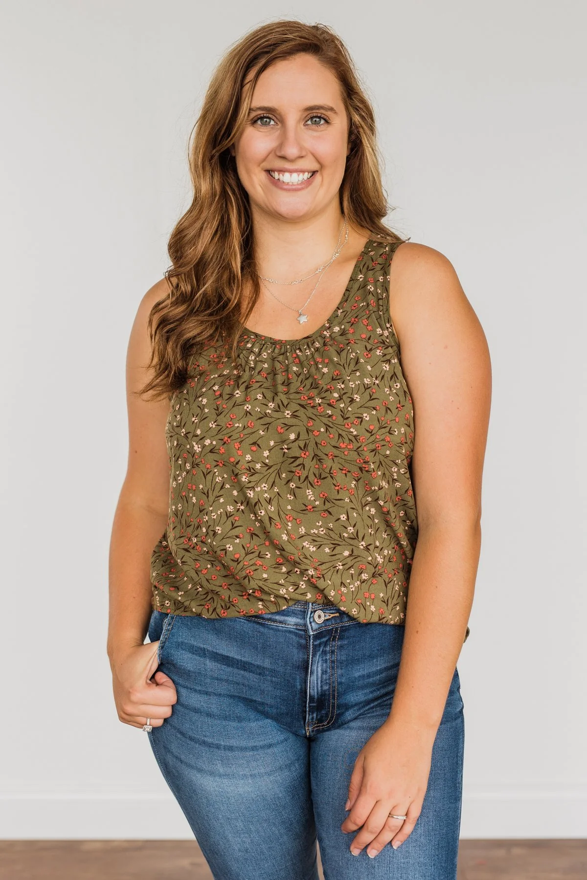 Apple Pie & Autumn Skies Floral Tank Top- Dark Olive - Image 8