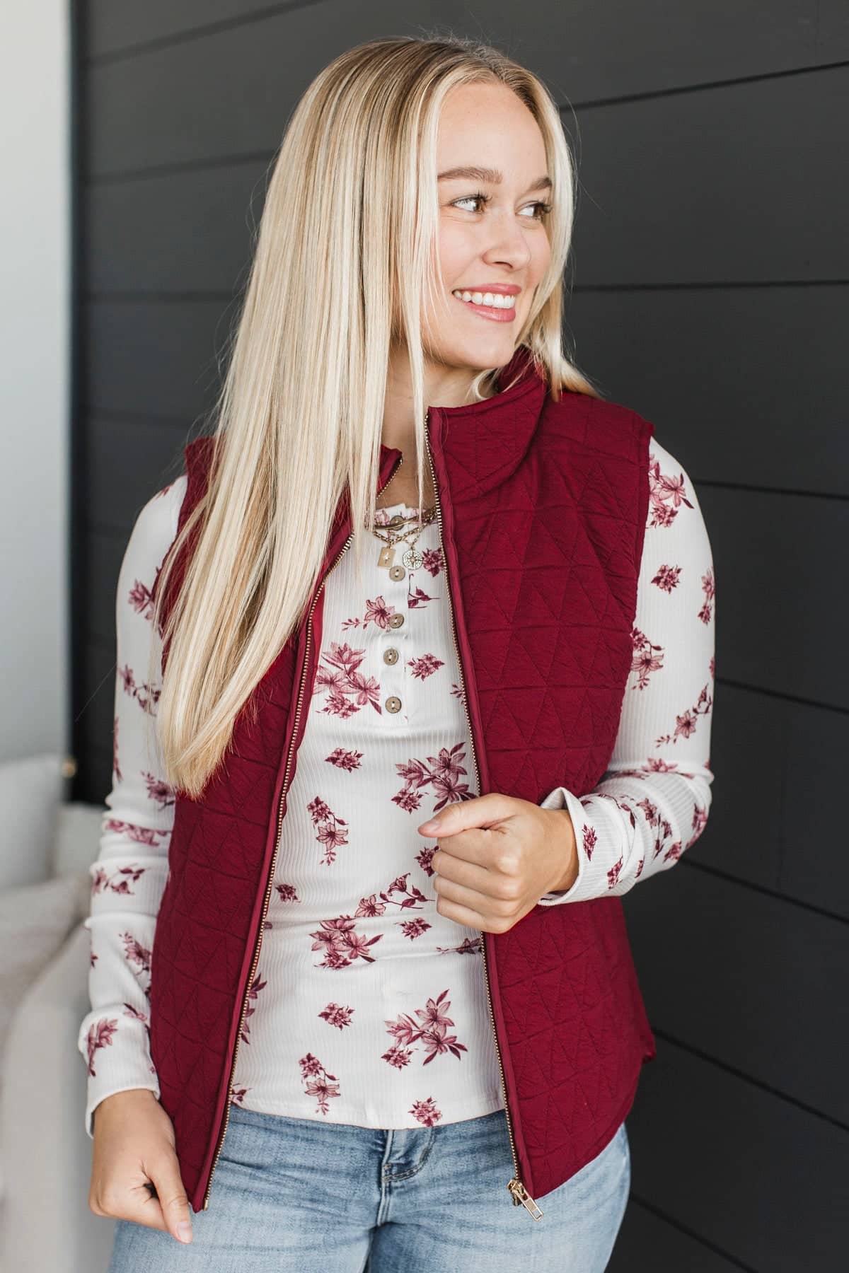 Appreciate Everything Quilted Puffer Vest- Burgundy - Image 3