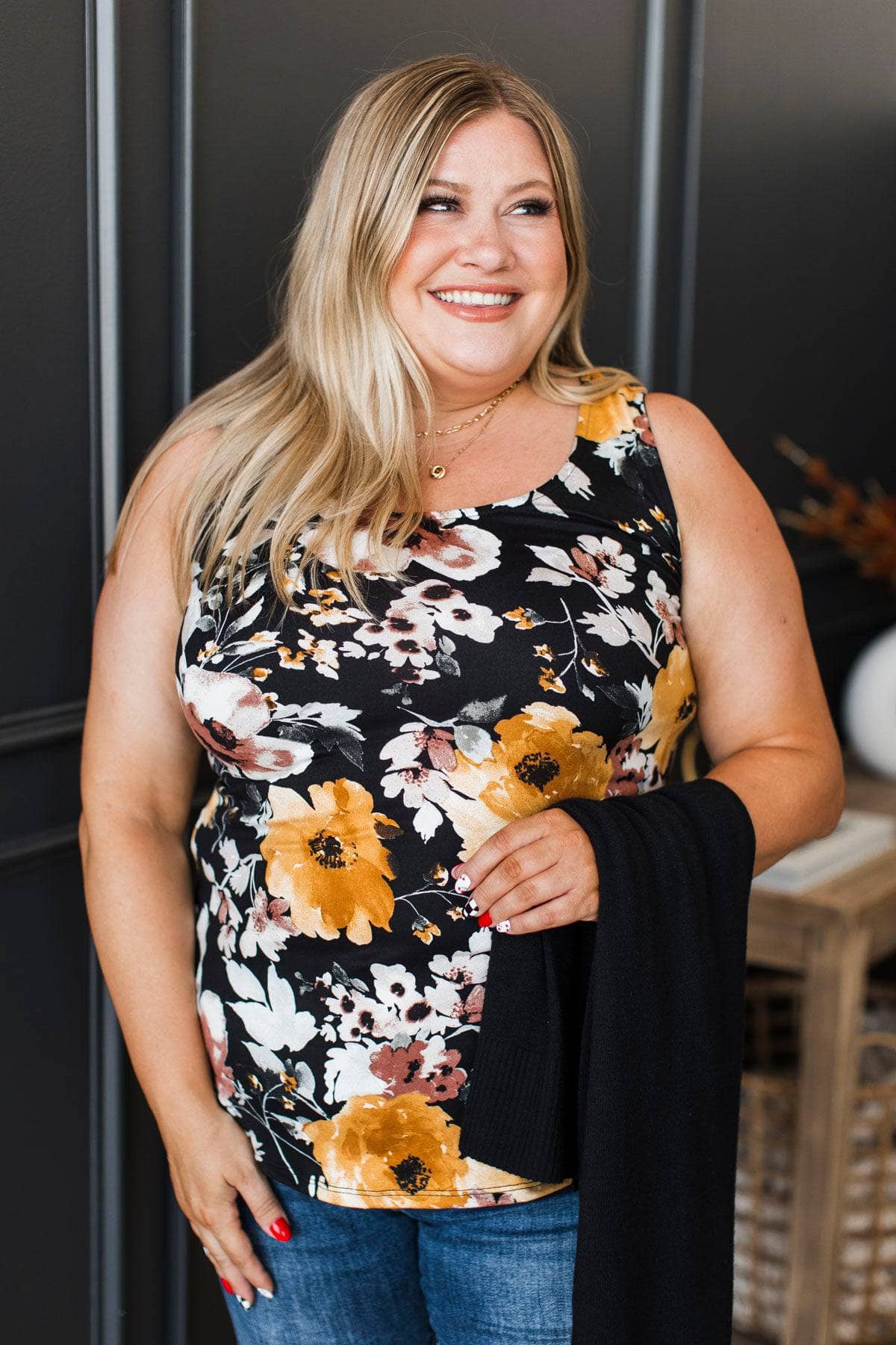 Arms Around Me Floral Tank Top- Black & Mustard - Image 2