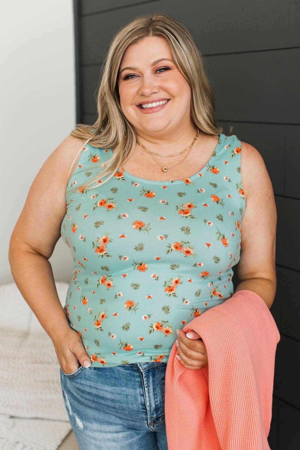 Arms Around Me Floral Tank Top- Light Teal - Image 3