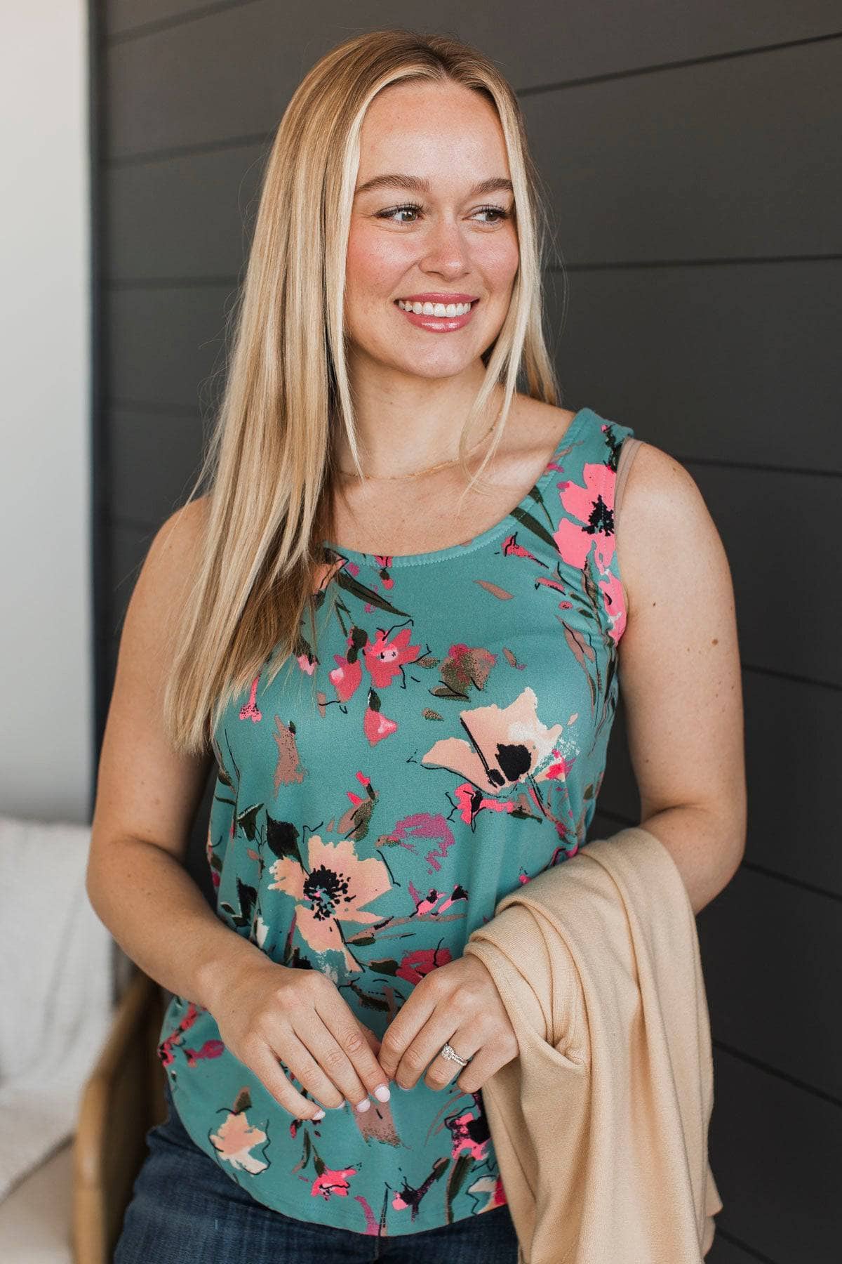 Arms Around Me Floral Tank Top- Teal - Image 2