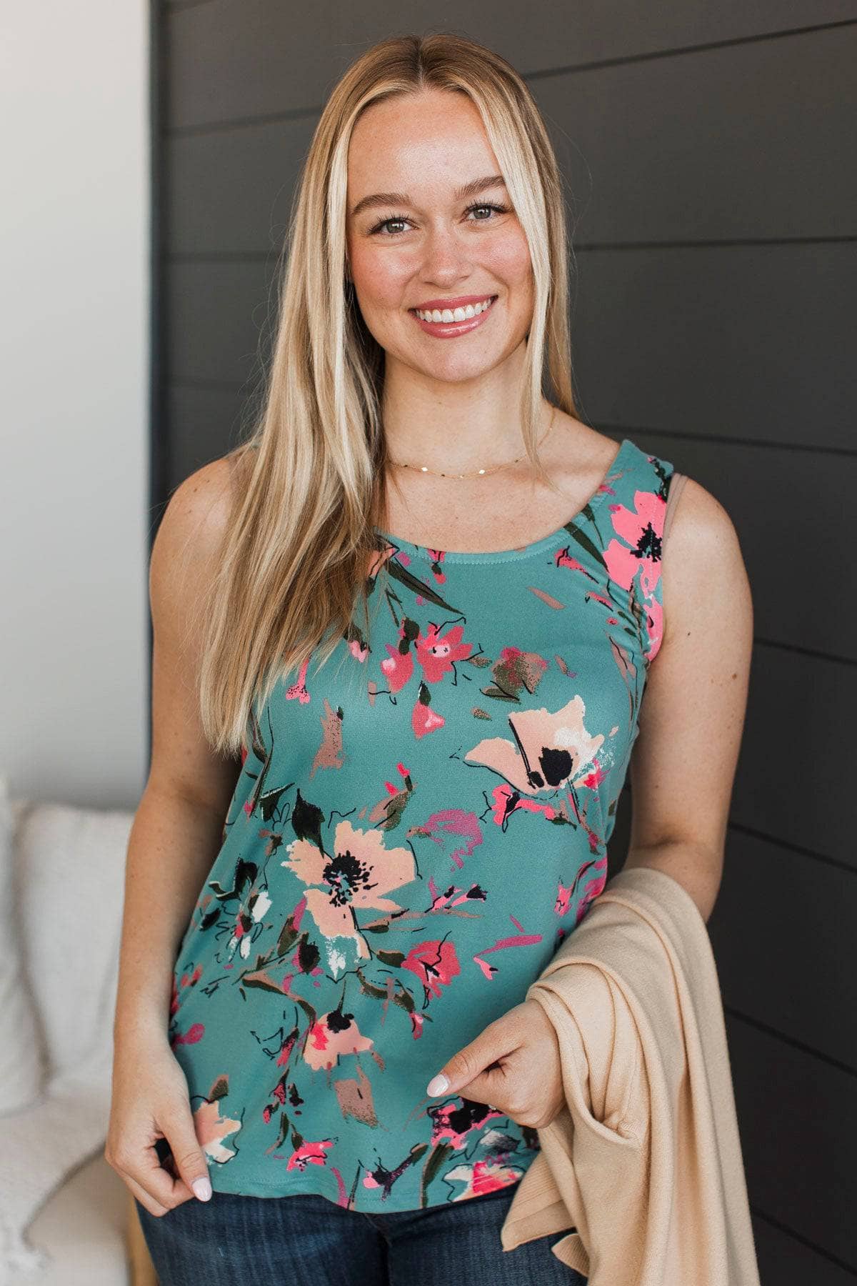 Arms Around Me Floral Tank Top- Teal - Image 3
