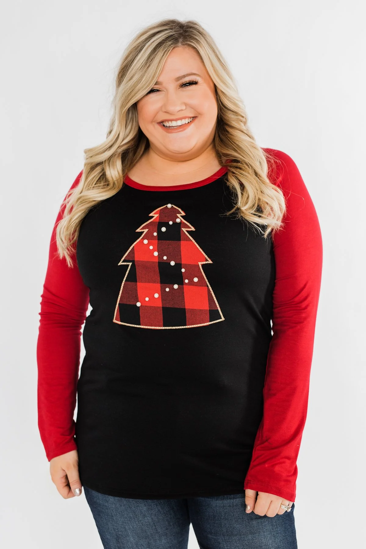 Around The Christmas Tree Graphic Top- Black & Holiday Red - Image 2
