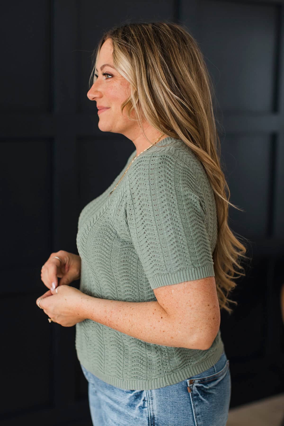As It Goes Short Sleeve Pointelle Knit Top- Dark Seafoam - Image 6