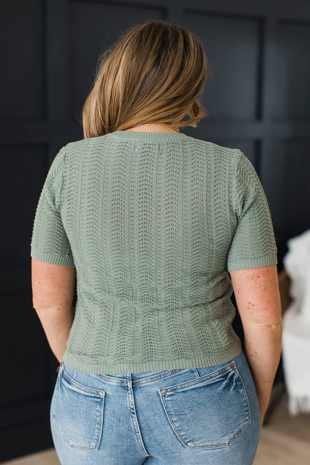 As It Goes Short Sleeve Pointelle Knit Top- Dark Seafoam - Image 8