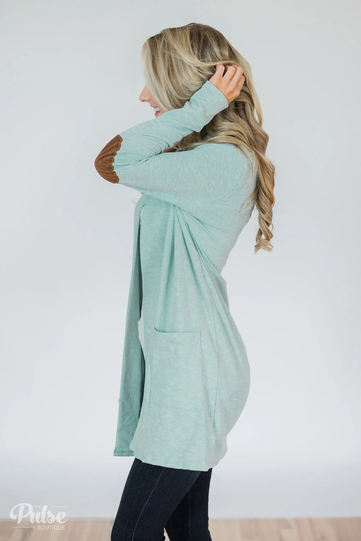 As Long As You Need Elbow Patch Cardigan- Bright Mint - Image 6