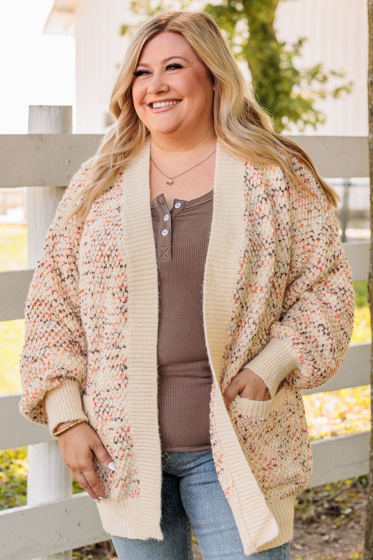 As Sweet As Pumpkin Pie Knit Cardigan- Ivory, Mocha & Orange - Image 4