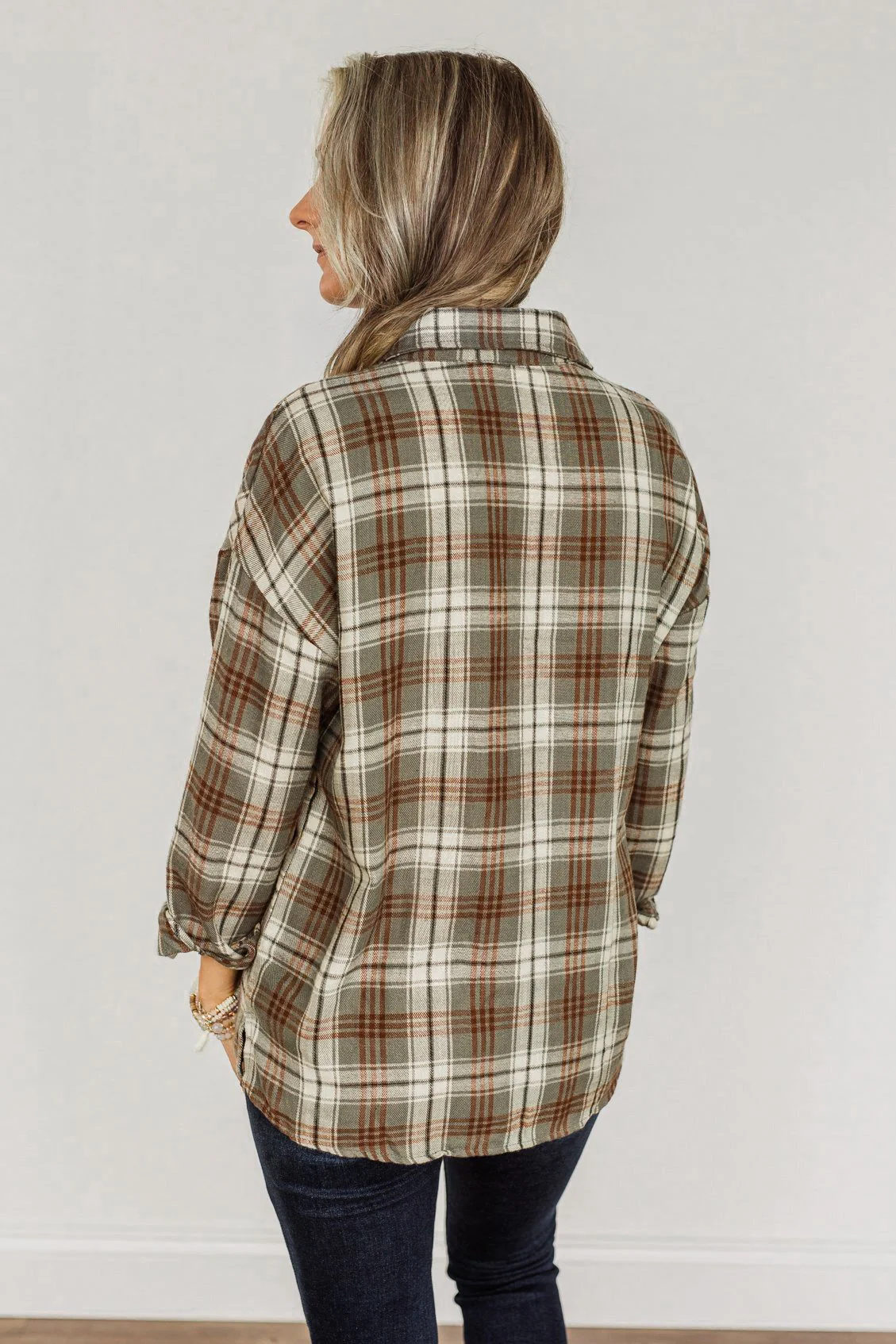 As The Leaves Turn Button Down Plaid Top- Dusty Olive & Rust - Image 11