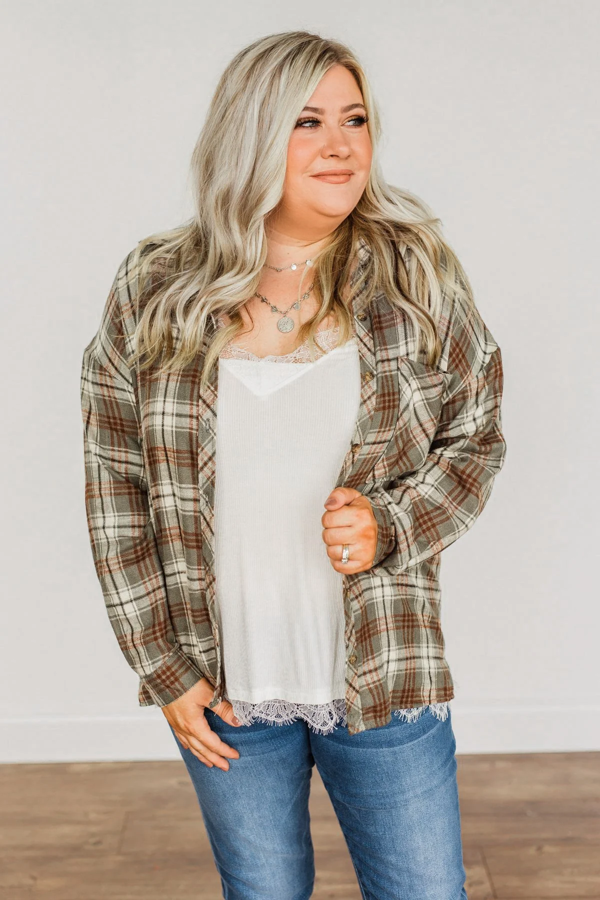 As The Leaves Turn Button Down Plaid Top- Dusty Olive & Rust - Image 3
