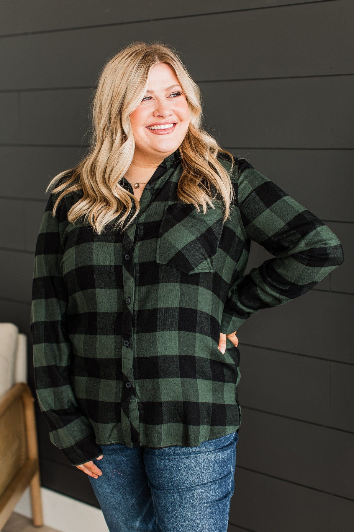 As You Were Plaid Button Top- Hunter Green