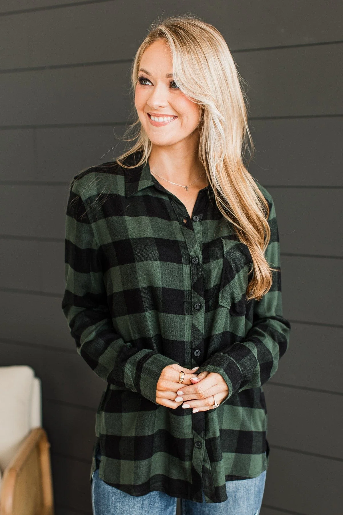 As You Were Plaid Button Top- Hunter Green - Image 5