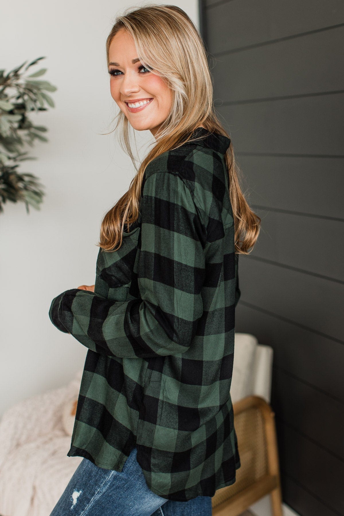 As You Were Plaid Button Top- Hunter Green - Image 7
