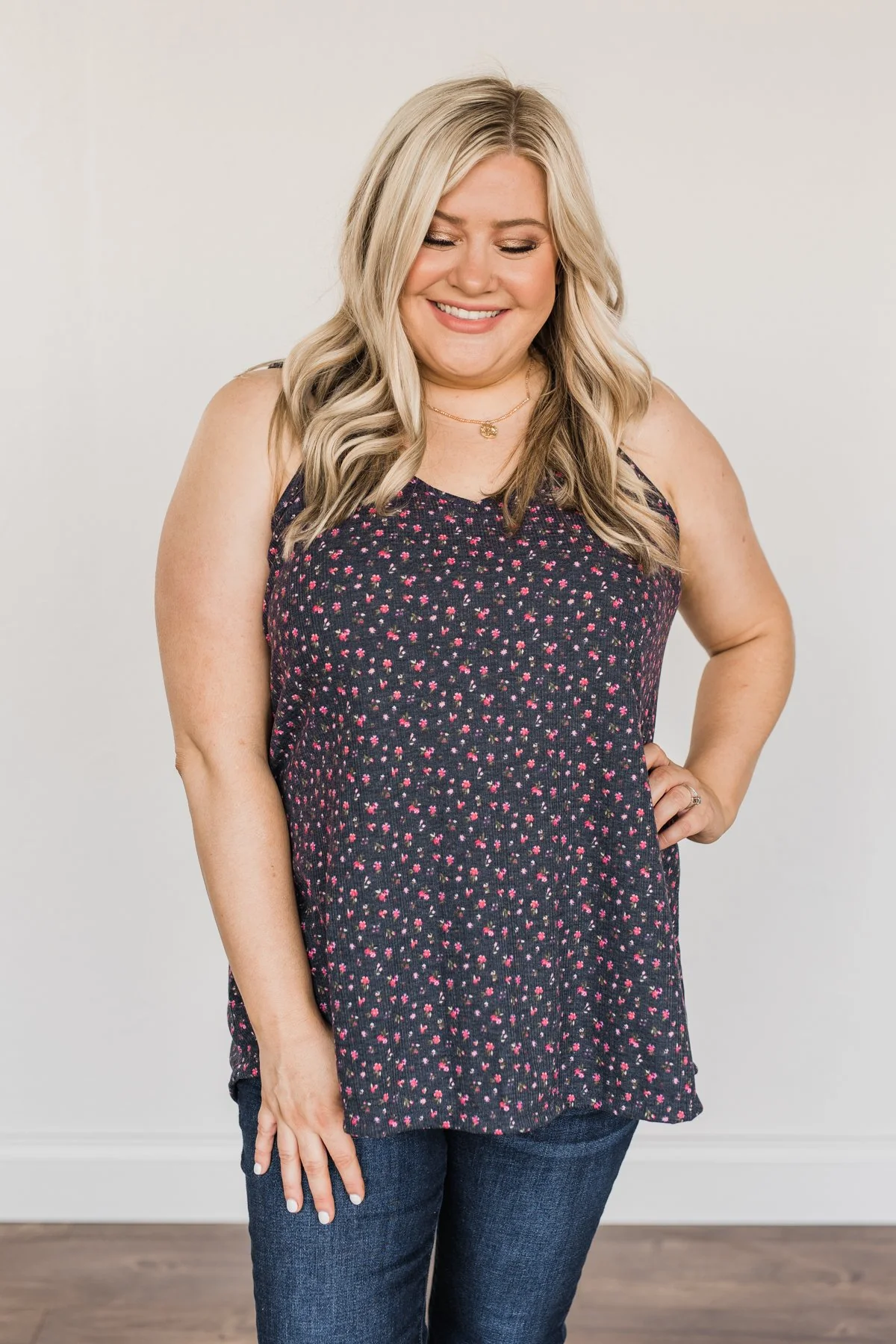 Aspire To Inspire Floral Knit Tank Top- Dark Navy - Image 2