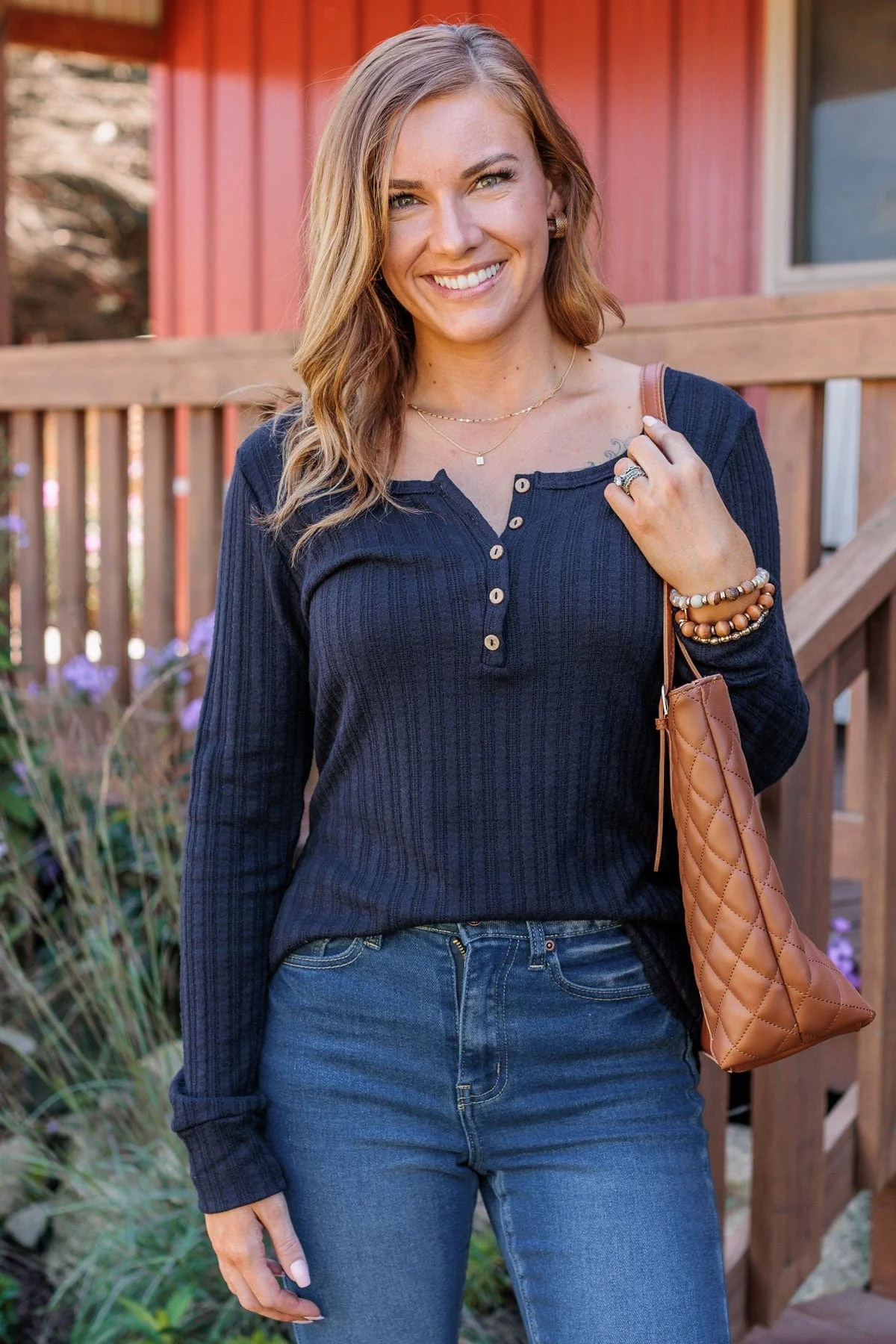At My Best Knit Button Top- Dark Navy - Image 4