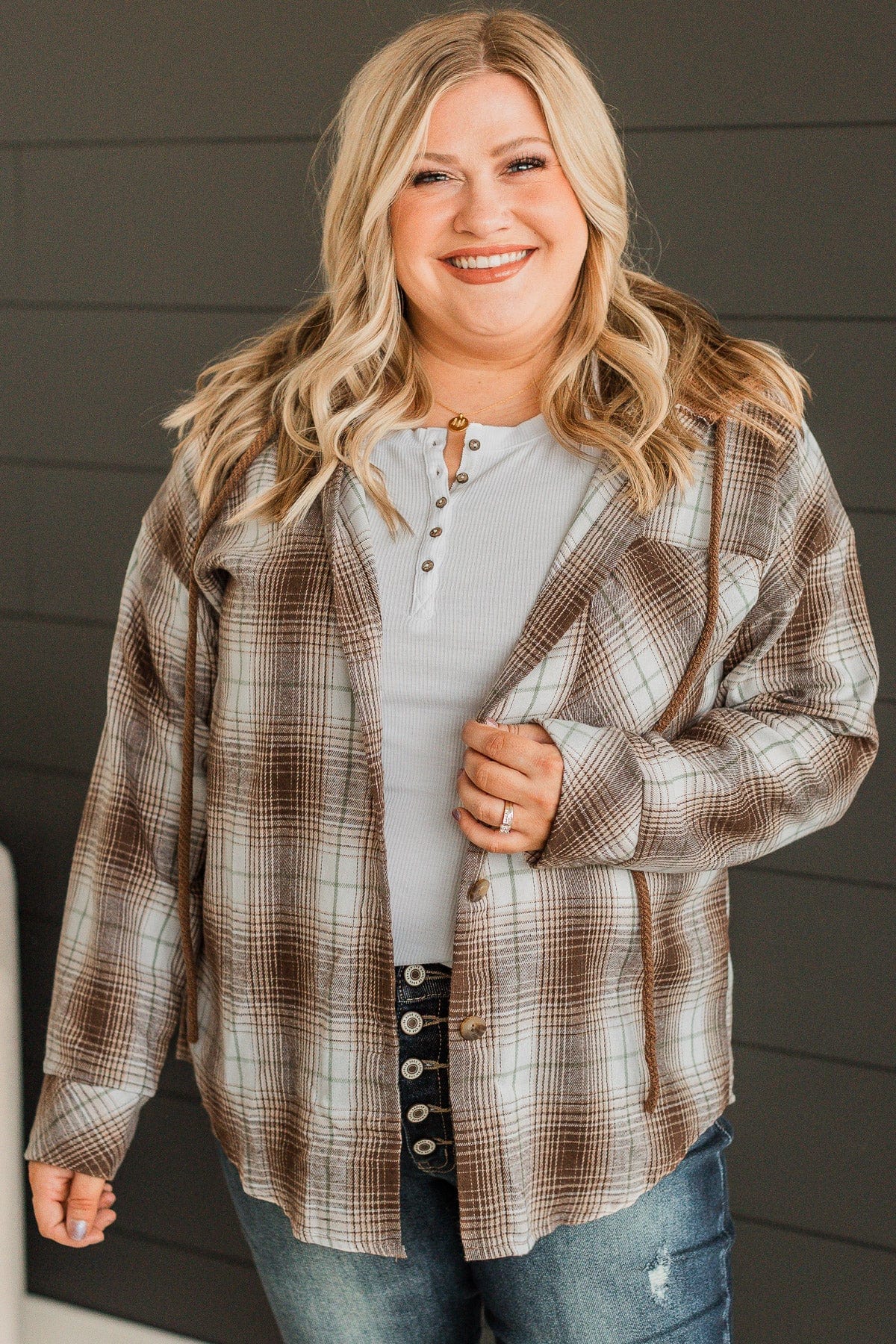 At Your Leisure Hooded Plaid Top- Brown - Image 5