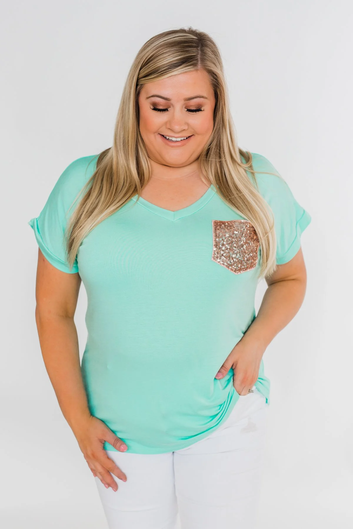 Attracted To You Sequin Pocket Top- Aqua - Image 5