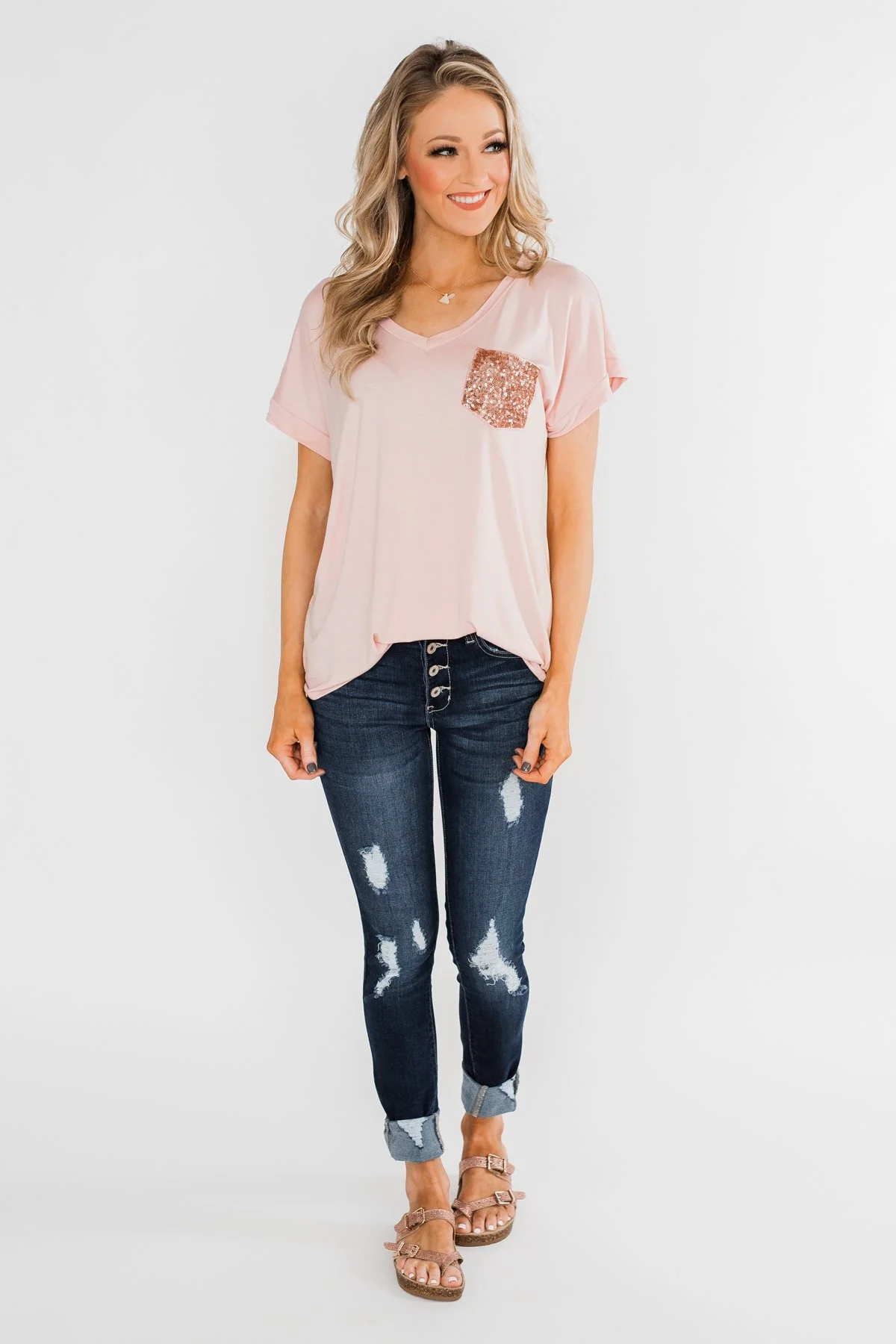 Attracted To You Sequin Pocket Top- Blush - Image 3