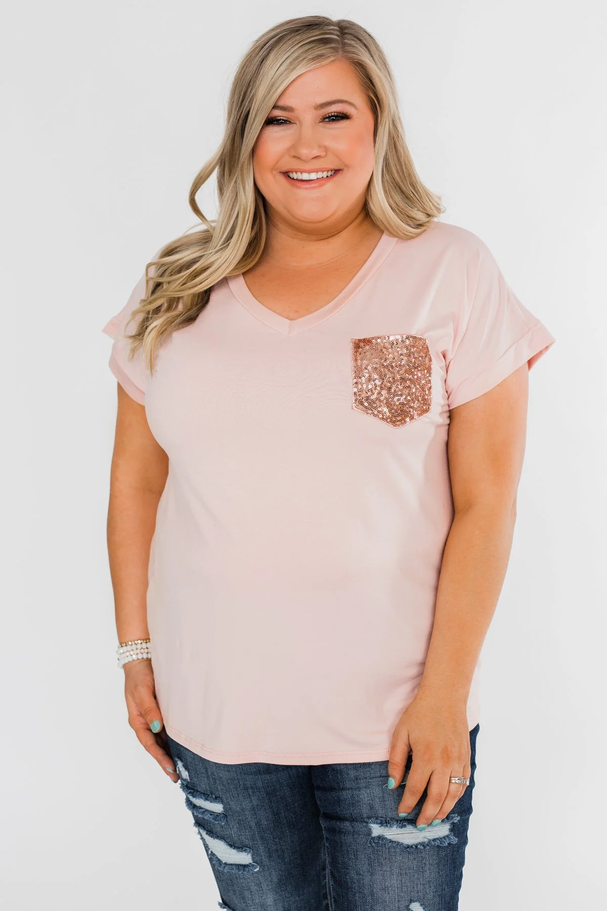 Attracted To You Sequin Pocket Top- Blush - Image 4