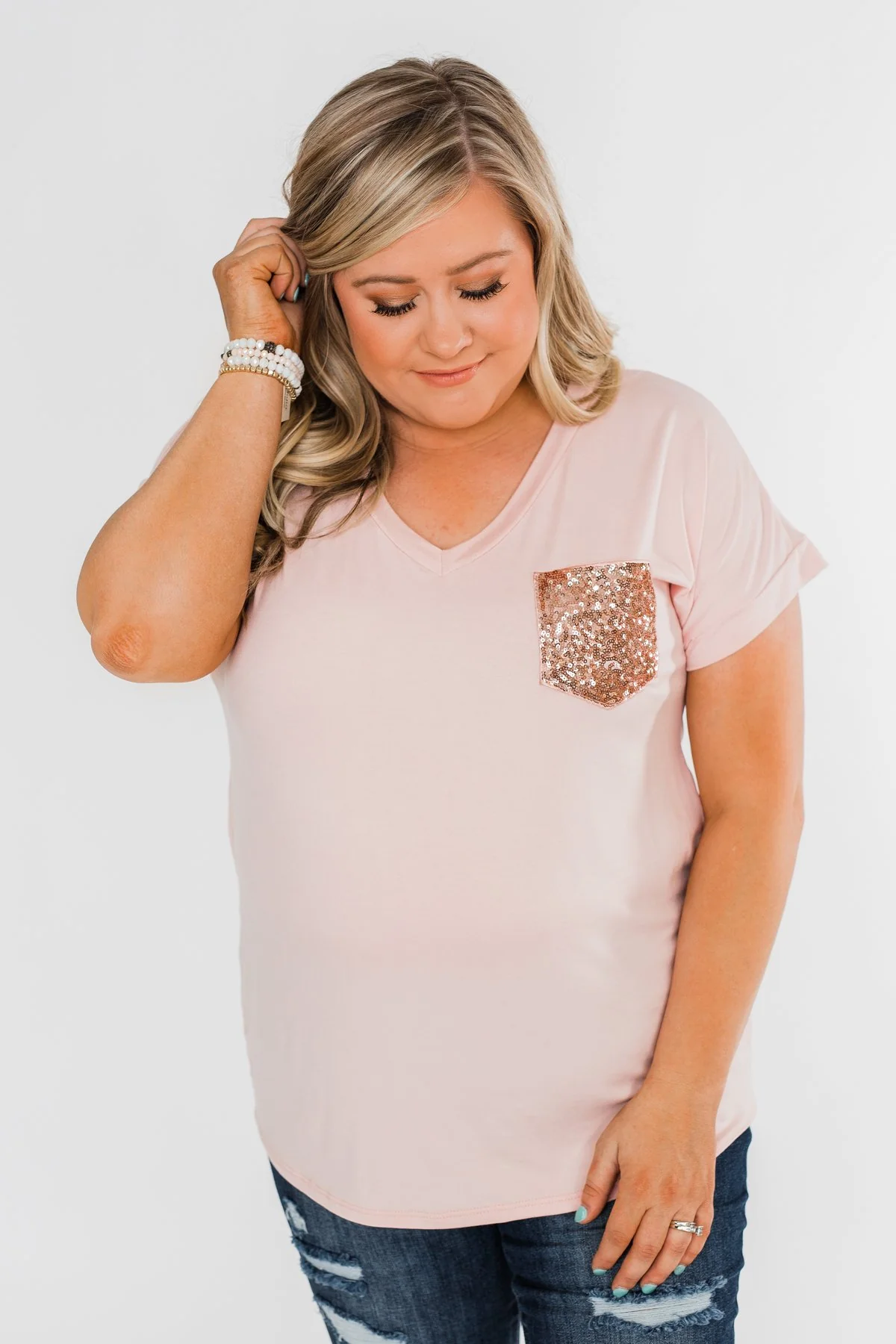 Attracted To You Sequin Pocket Top- Blush - Image 5