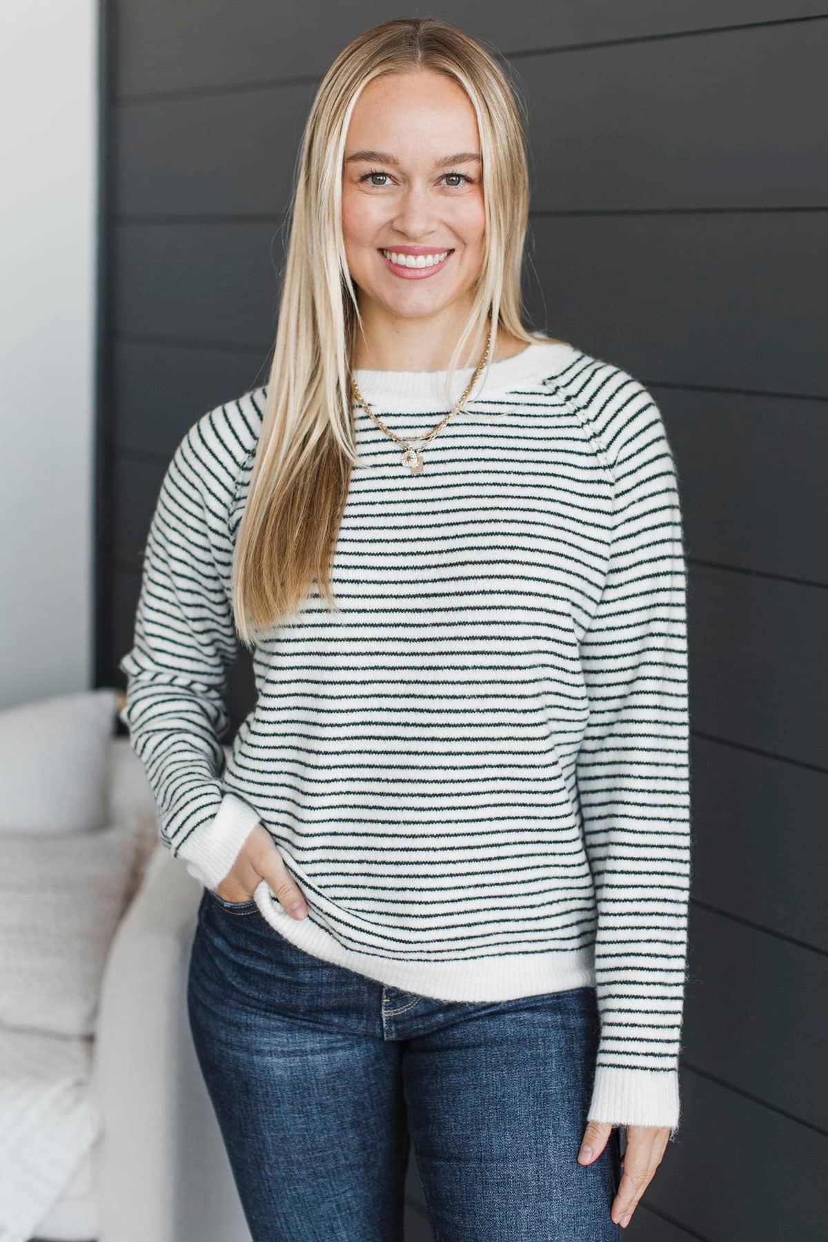 Authentic Moments Striped Sweater- Off-White & Forest - Image 2