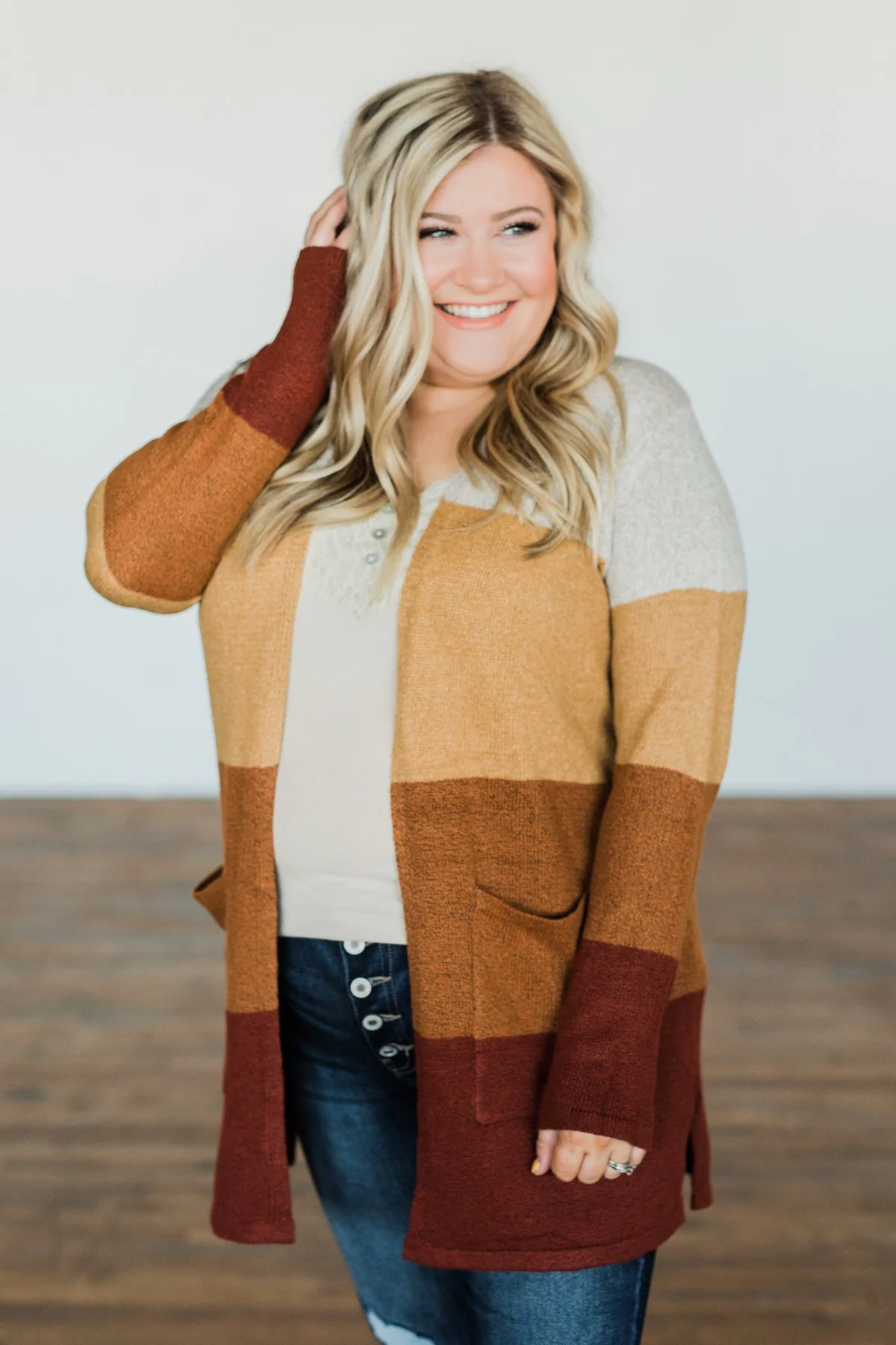 Autumn Bliss Colorblock Cardigan- Taupe, Camel, Brick - Image 6