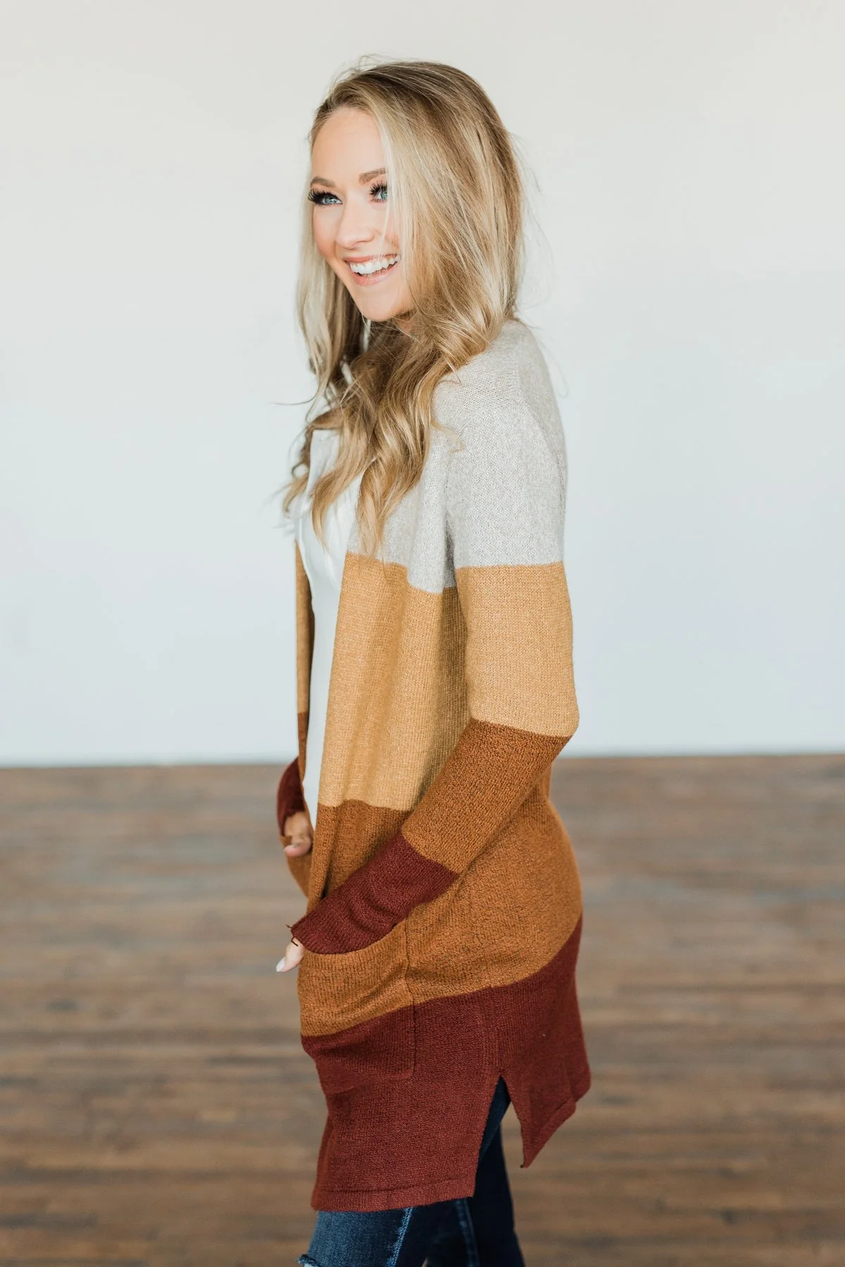 Autumn Bliss Colorblock Cardigan- Taupe, Camel, Brick - Image 8