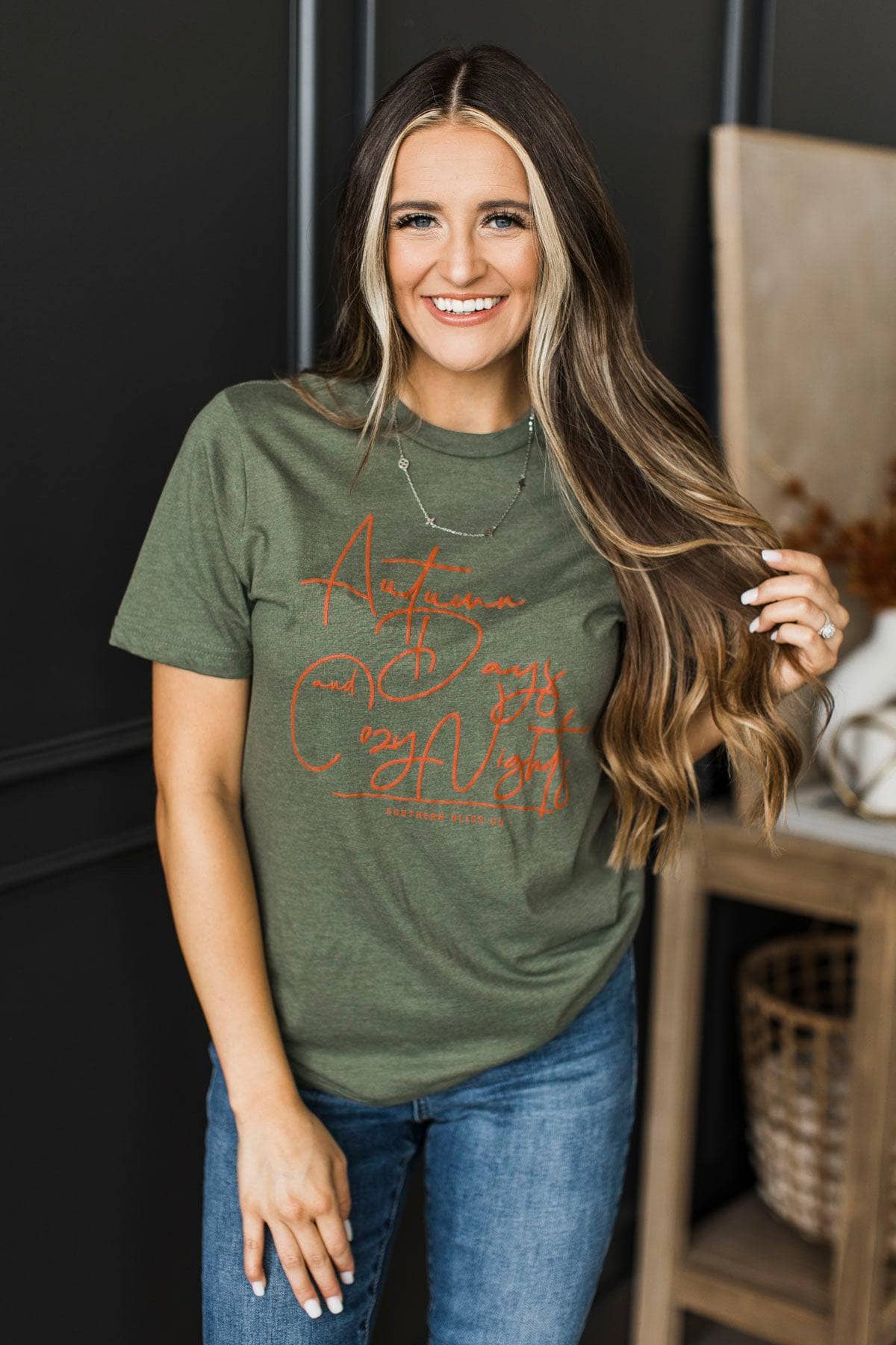 "Autumn Days and Cozy Nights" Graphic Tee- Dark Sage - Image 2
