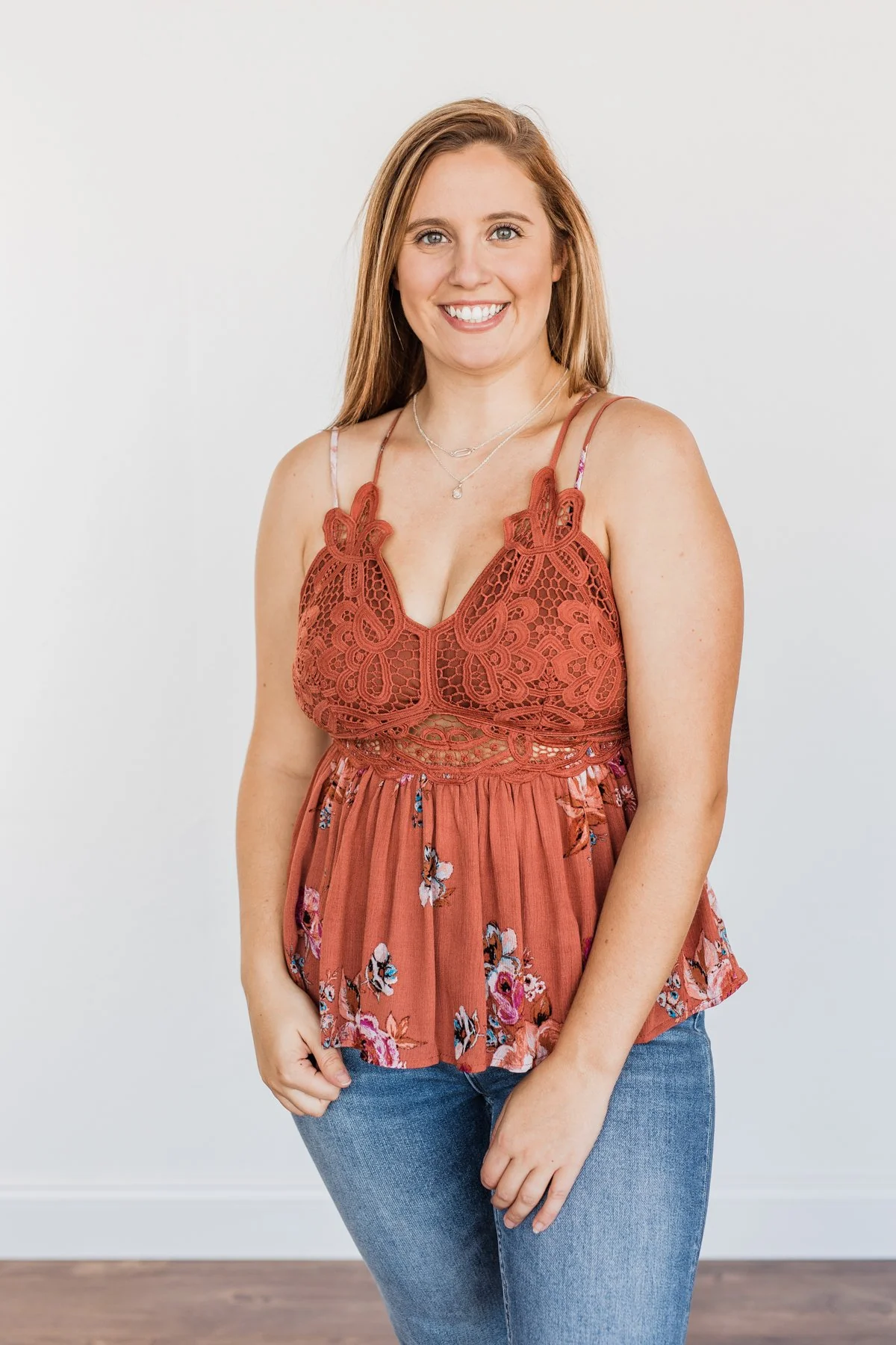 Autumn Delight Floral & Lace Tank Top- Dark Clay - Image 3