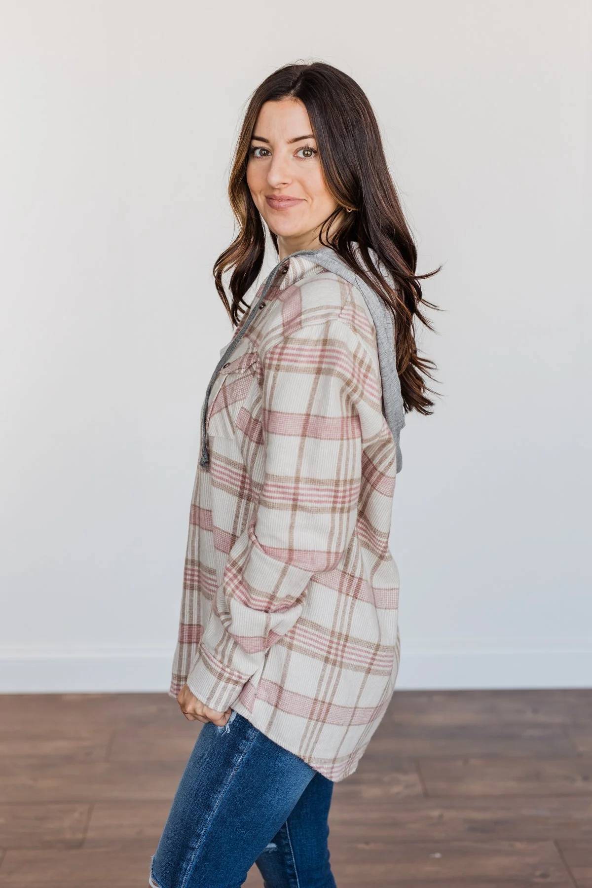 Autumn Is Calling Hooded Plaid Top- Oatmeal, Pink, & Brown - Image 10