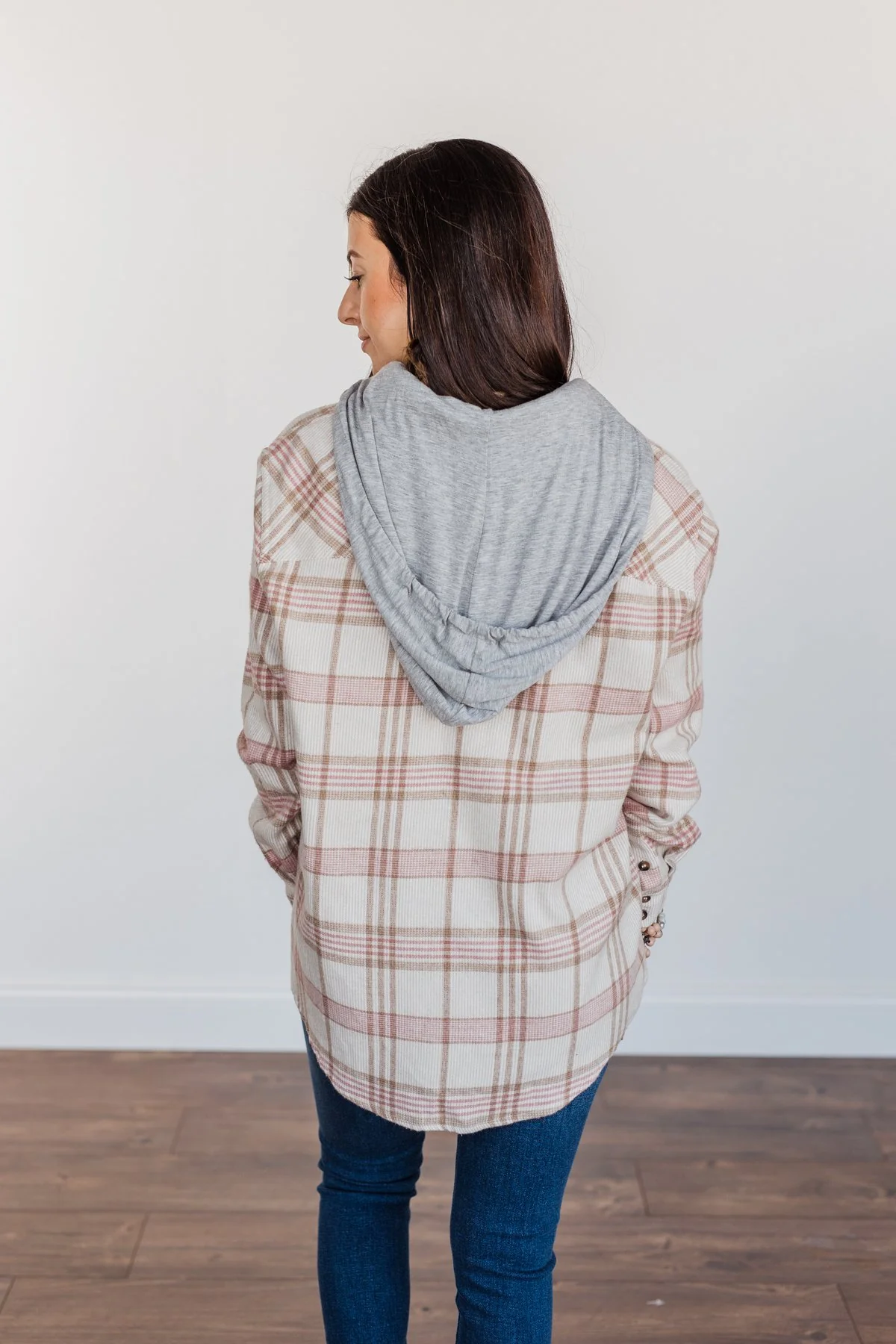 Autumn Is Calling Hooded Plaid Top- Oatmeal, Pink, & Brown - Image 12
