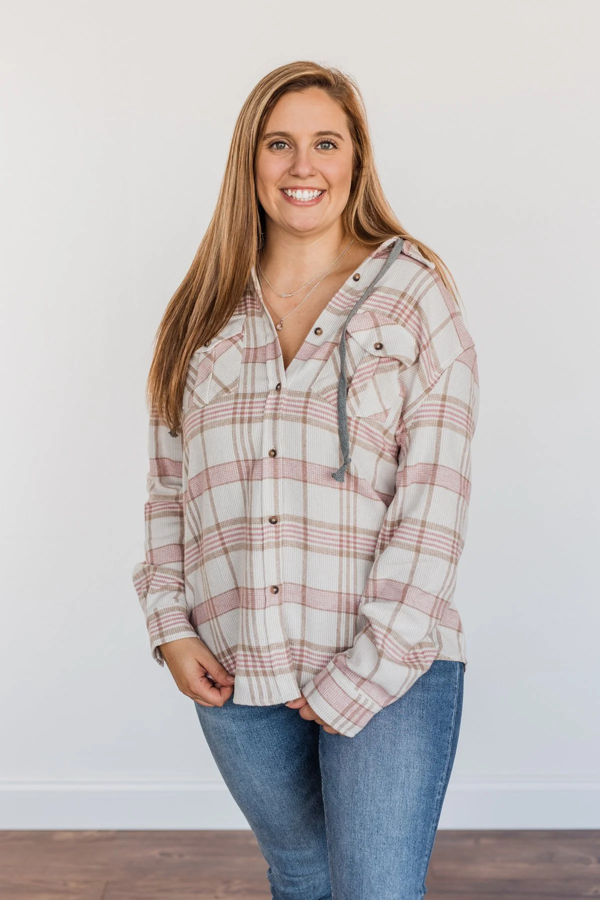 Autumn Is Calling Hooded Plaid Top- Oatmeal, Pink, & Brown - Image 5