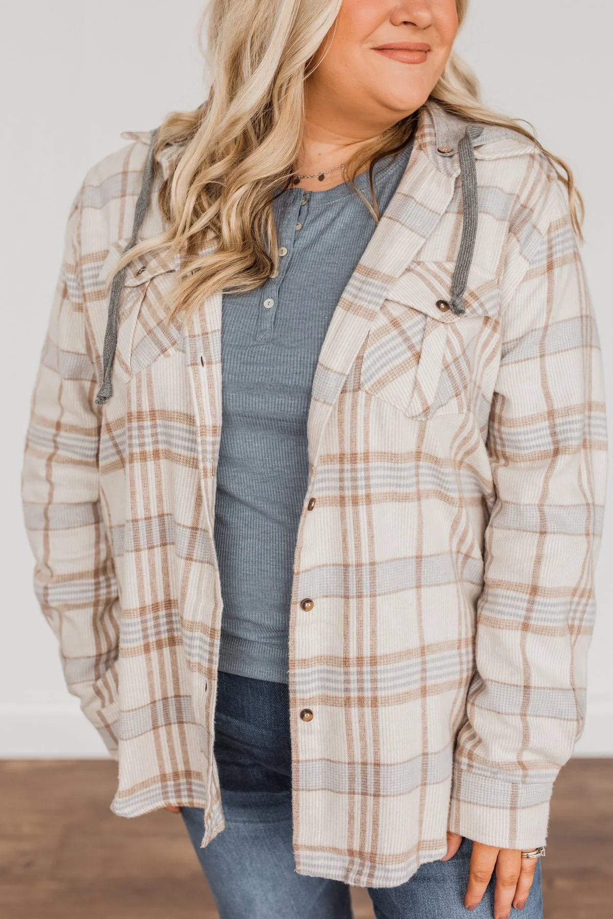 Autumn Is Calling Hooded Plaid Top- Oatmeal, Taupe, & Blue - Image 6