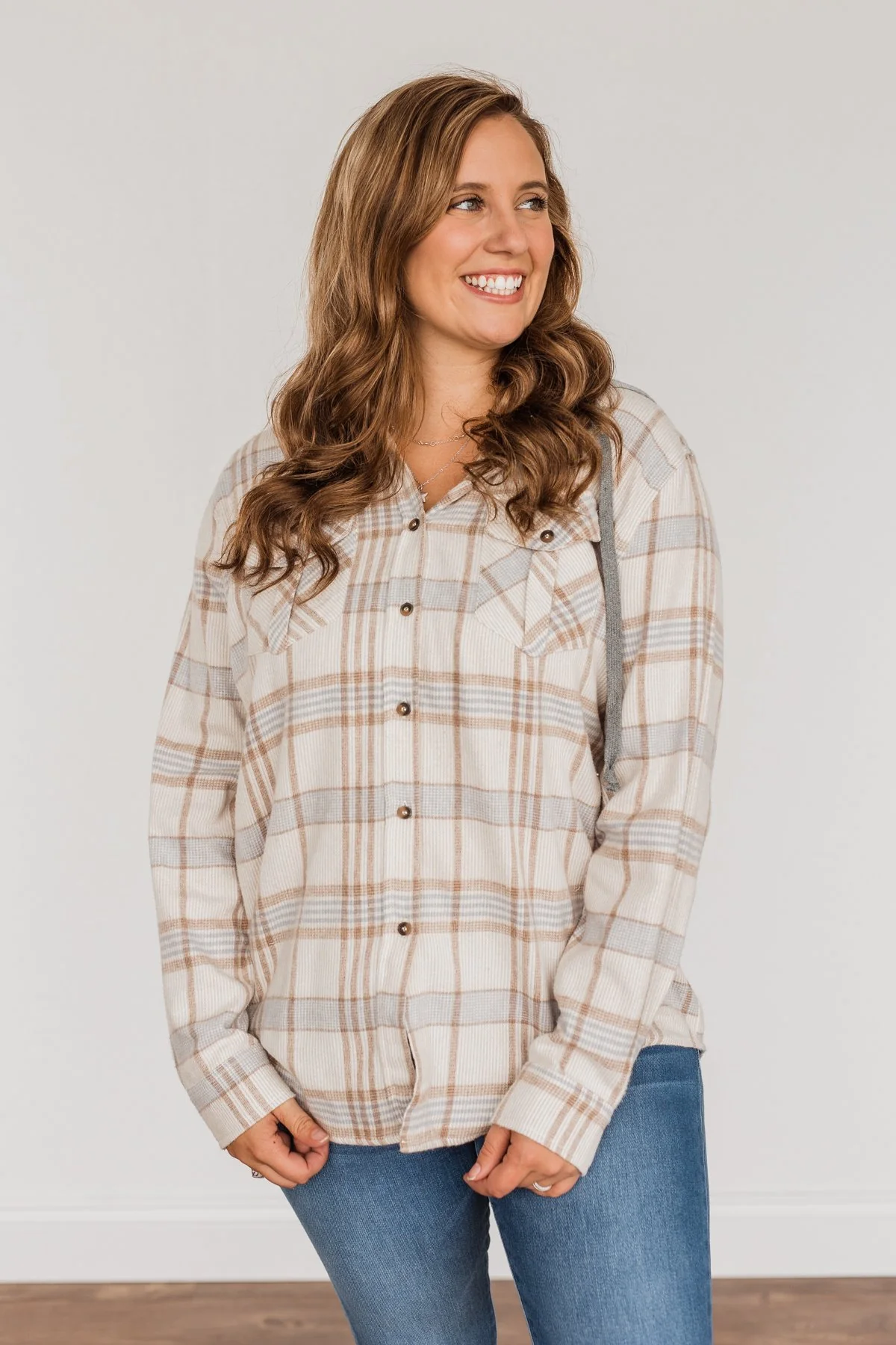 Autumn Is Calling Hooded Plaid Top- Oatmeal, Taupe, & Blue - Image 7