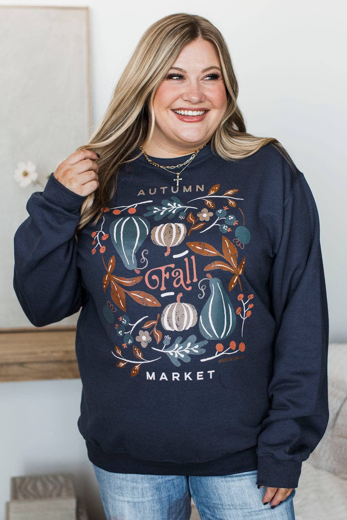 "Autumn Market" Crew Neck Pullover- Navy - Image 2