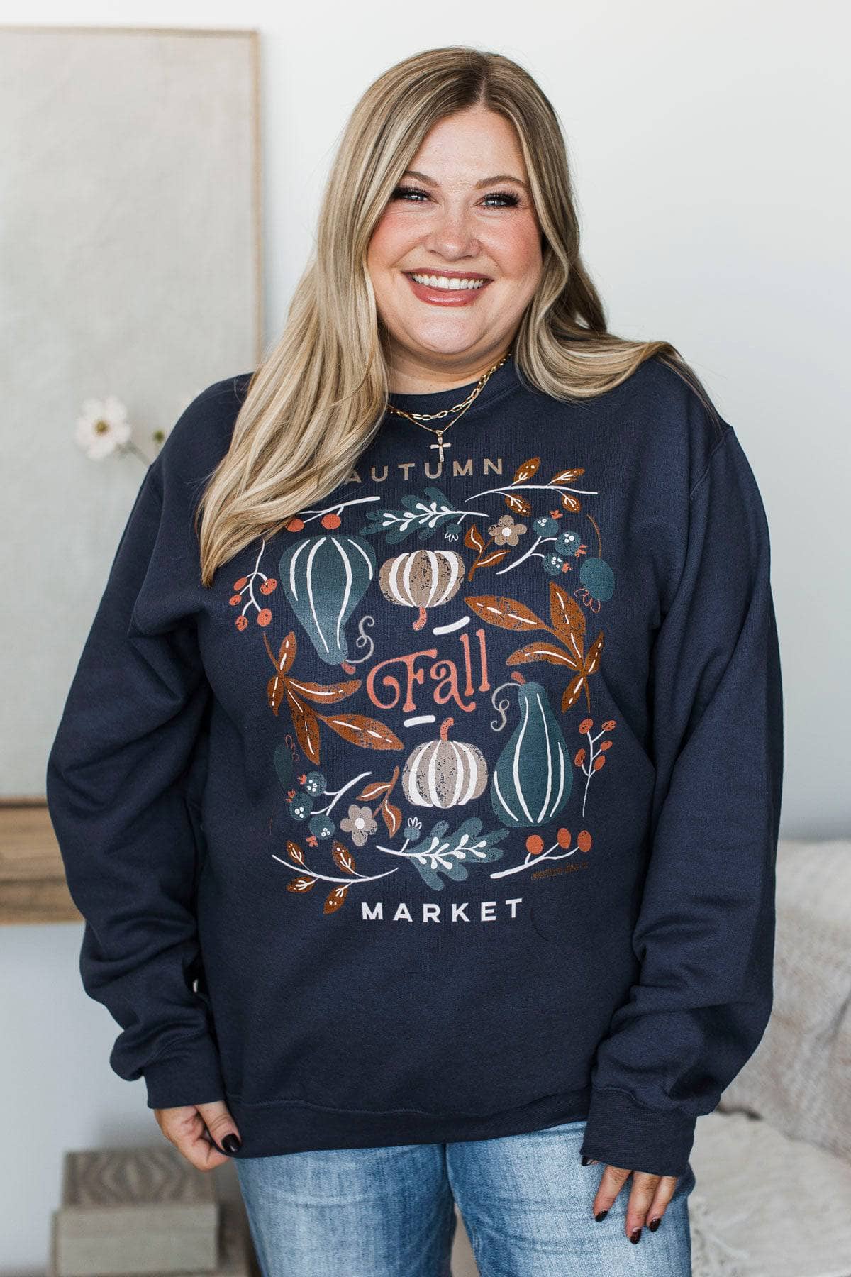 "Autumn Market" Crew Neck Pullover- Navy - Image 4