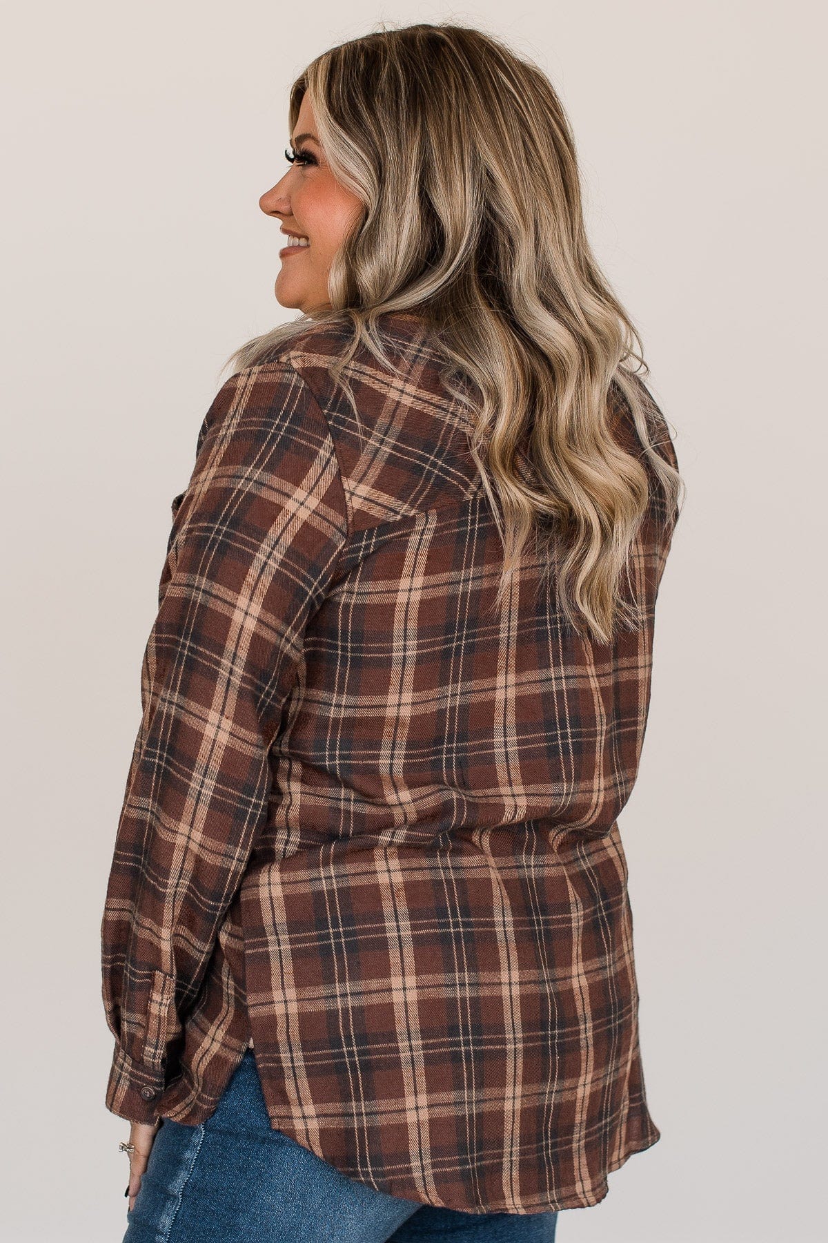 Autumn Nights Plaid Button Top- Brown - Image 10